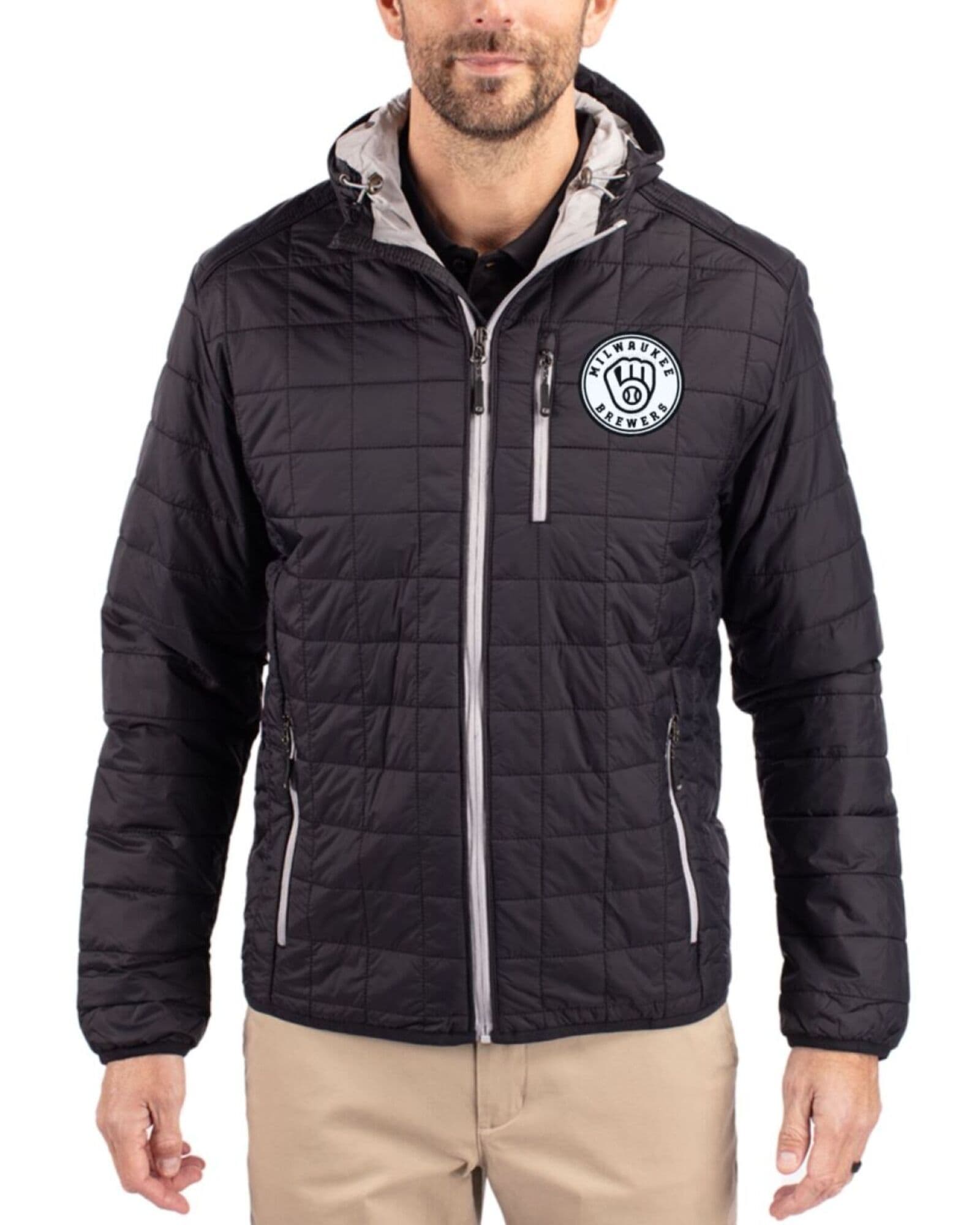 Men's Milwaukee Brewers Cutter & Buck Mono Black Rainier Insulated Puffer Full Zip Hooded Jacket