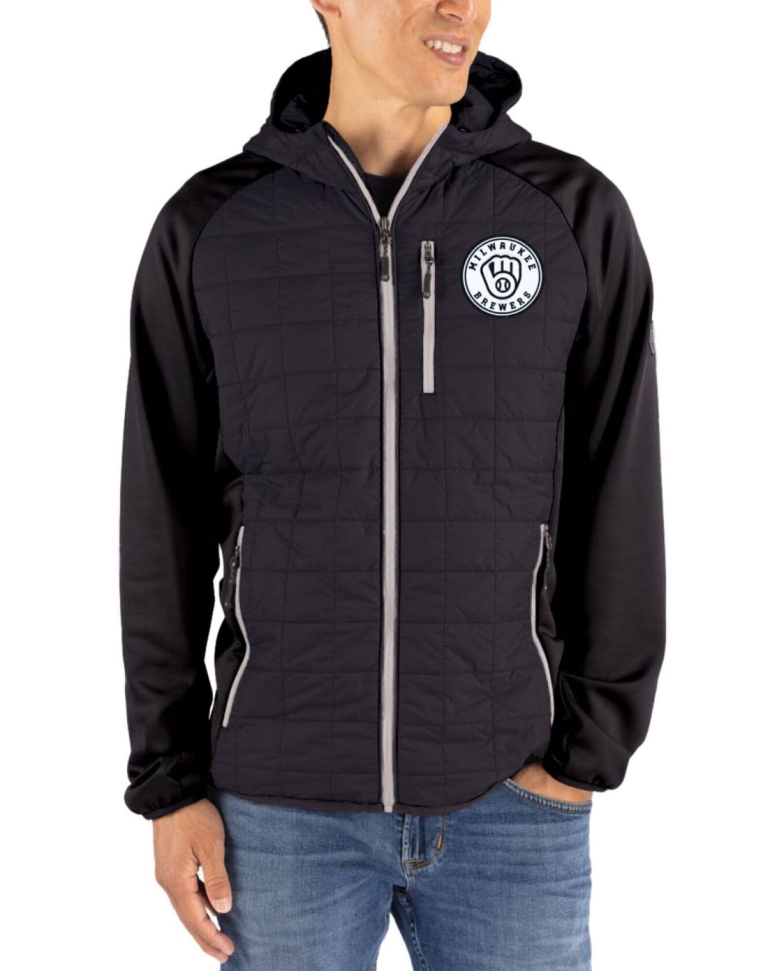 Men's Milwaukee Brewers Cutter & Buck Mono Black Rainier Insulated Hybrid Puffer Full Zip Jacket