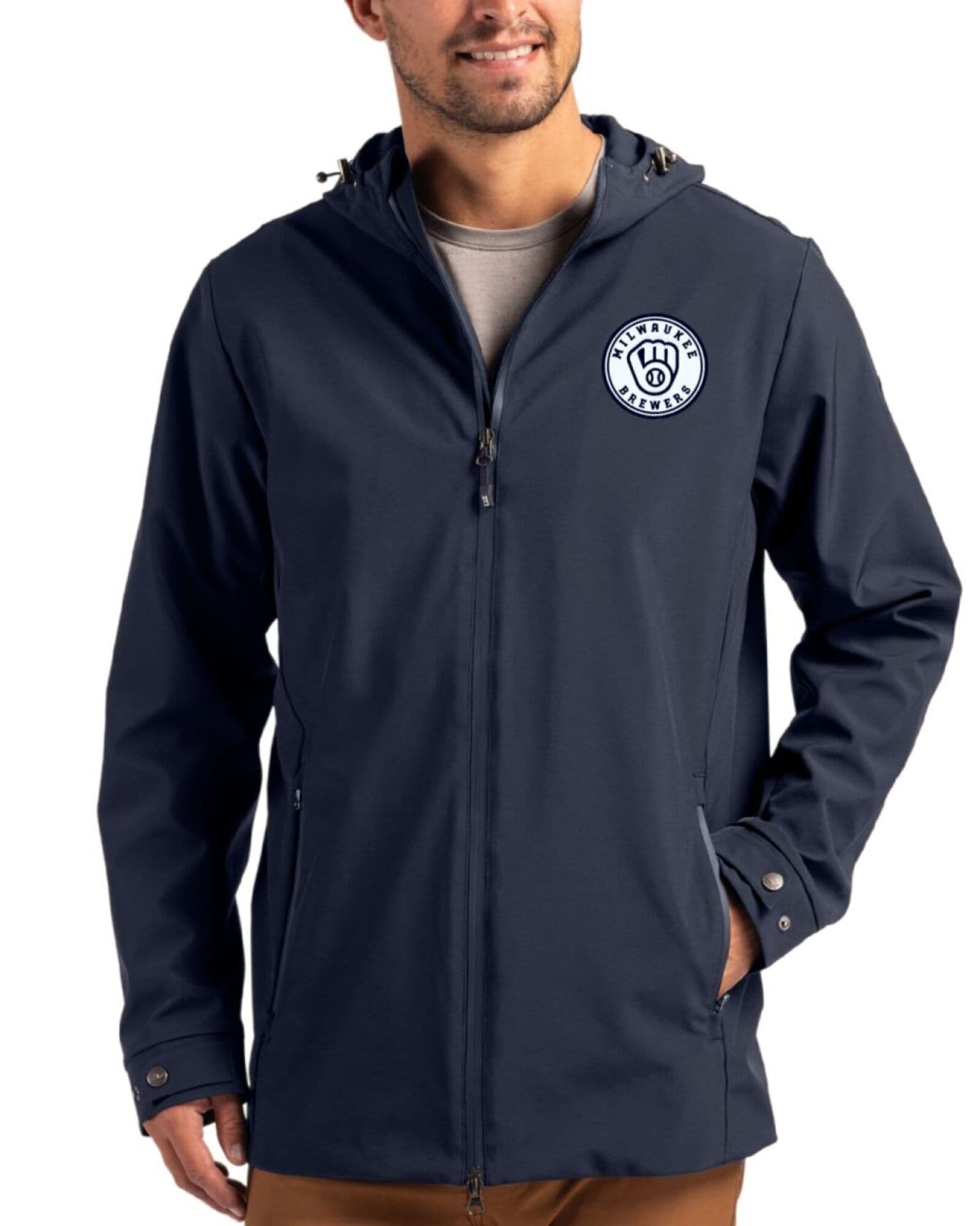 Men's Milwaukee Brewers Cutter & Buck Mono Navy Blue Camano Everyday Stretch Water Resistant Full Zip Jacket