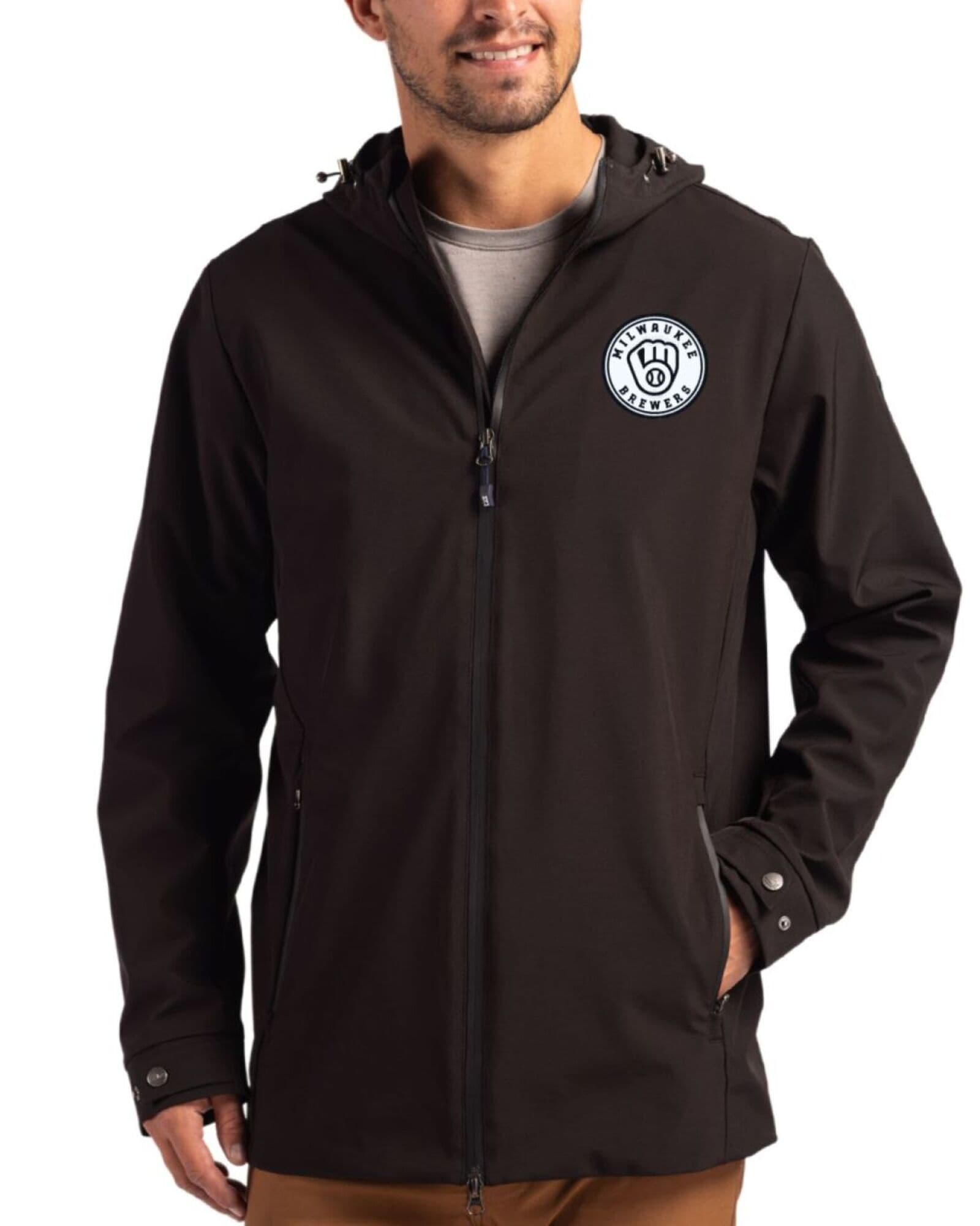 Men's Milwaukee Brewers Cutter & Buck Mono Black Camano Everyday Stretch Water Resistant Full Zip Jacket