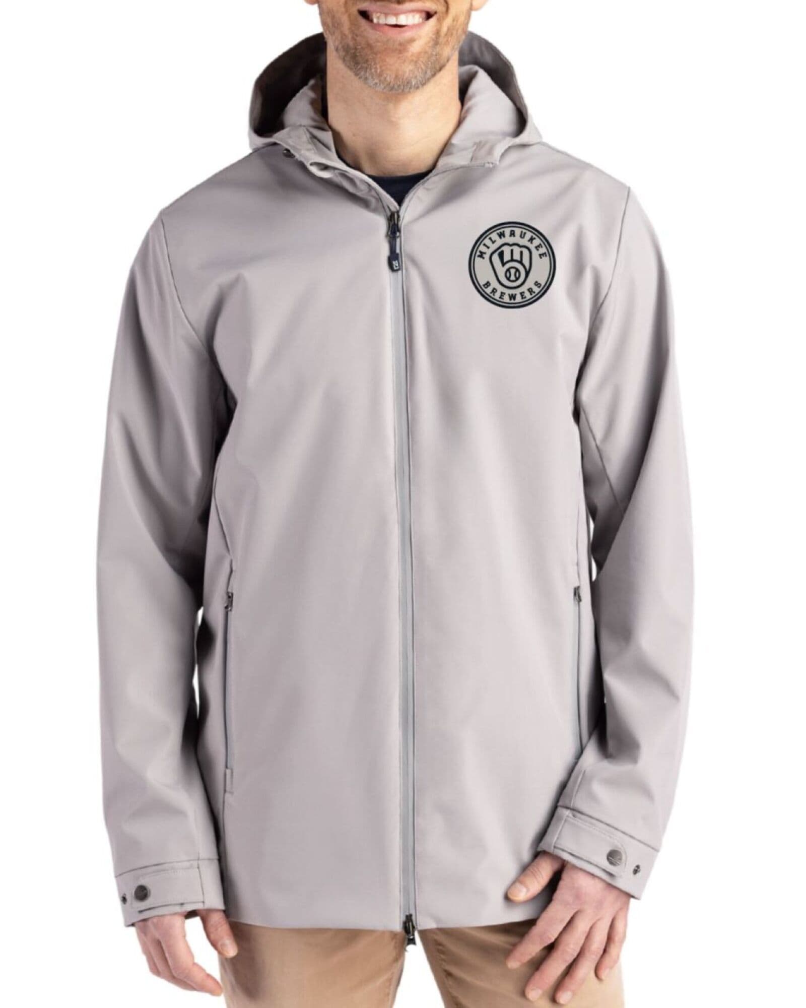 Men's Milwaukee Brewers Cutter & Buck Mono Polished Camano Everyday Stretch Water Resistant Full Zip Jacket