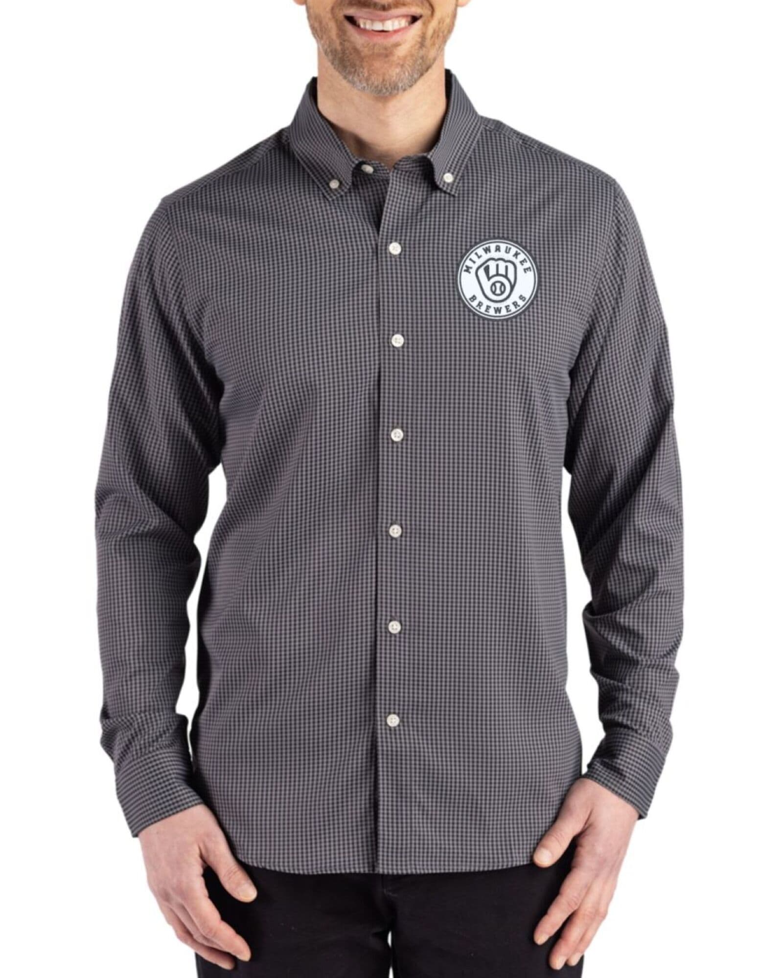 Men's Milwaukee Brewers Cutter & Buck Mono Black/Elemental Grey Skyline Gingham Long Sleeve Button Down Dress Shirt