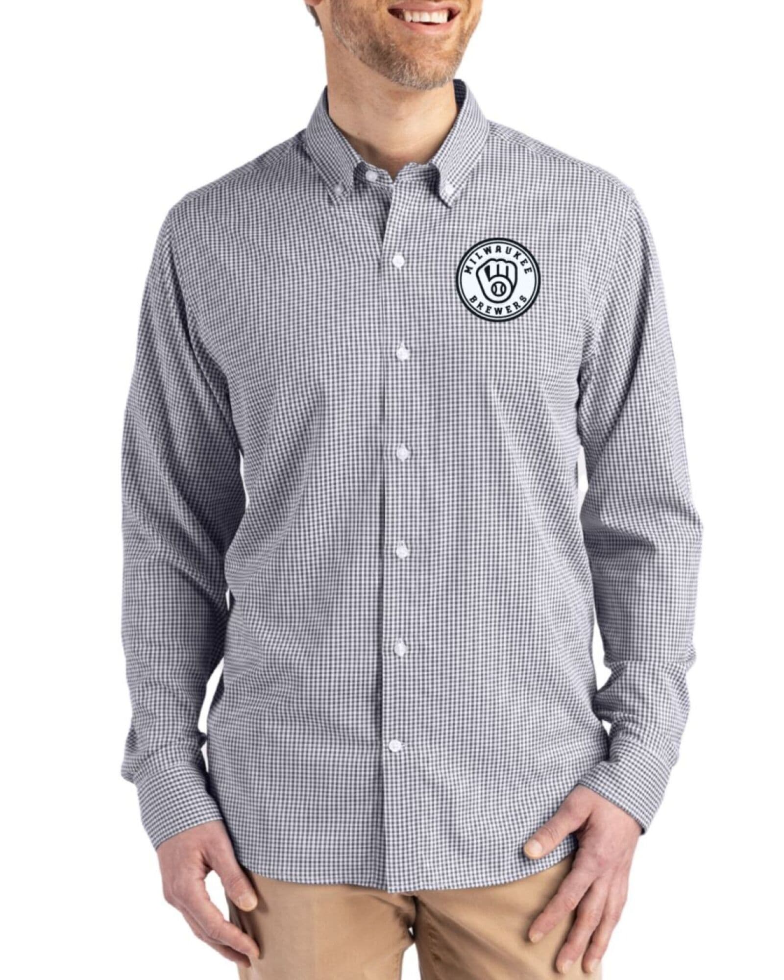 Men's Milwaukee Brewers Cutter & Buck Mono Black/White Skyline Gingham Long Sleeve Button Down Dress Shirt
