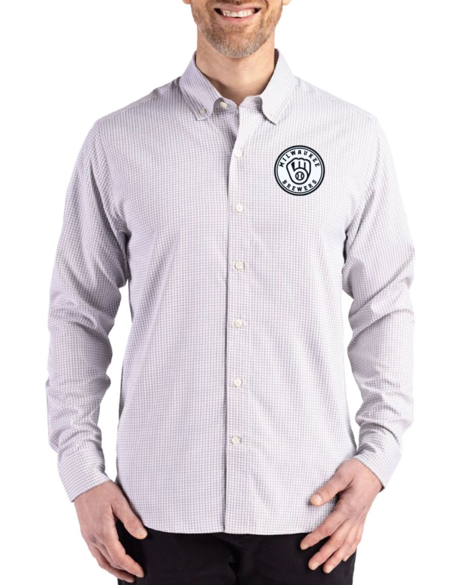 Men's Milwaukee Brewers Cutter & Buck Mono Concrete/White Skyline Gingham Long Sleeve Button Down Dress Shirt