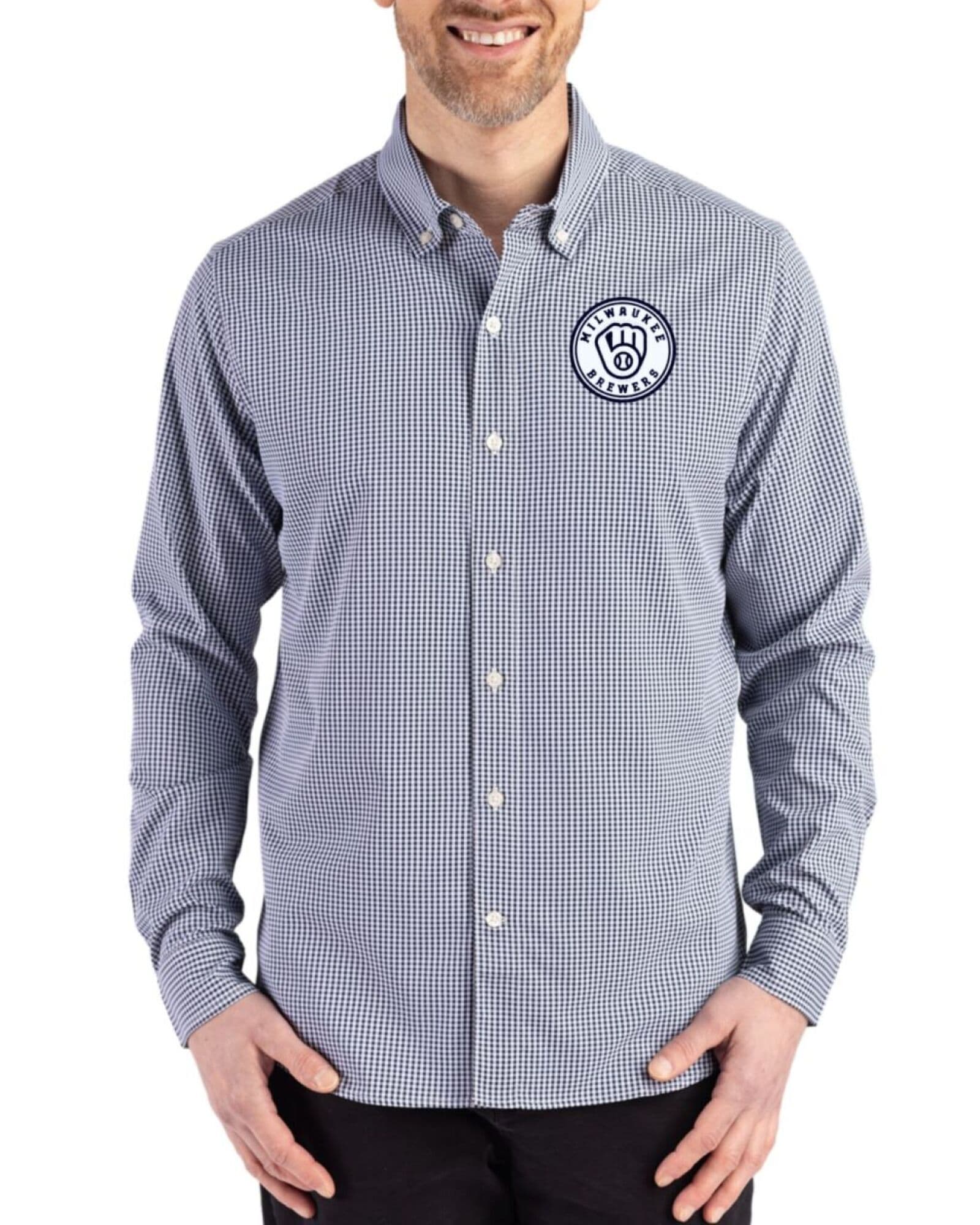 Men's Milwaukee Brewers Cutter & Buck Mono Navy Blue/White Skyline Gingham Long Sleeve Button Down Dress Shirt