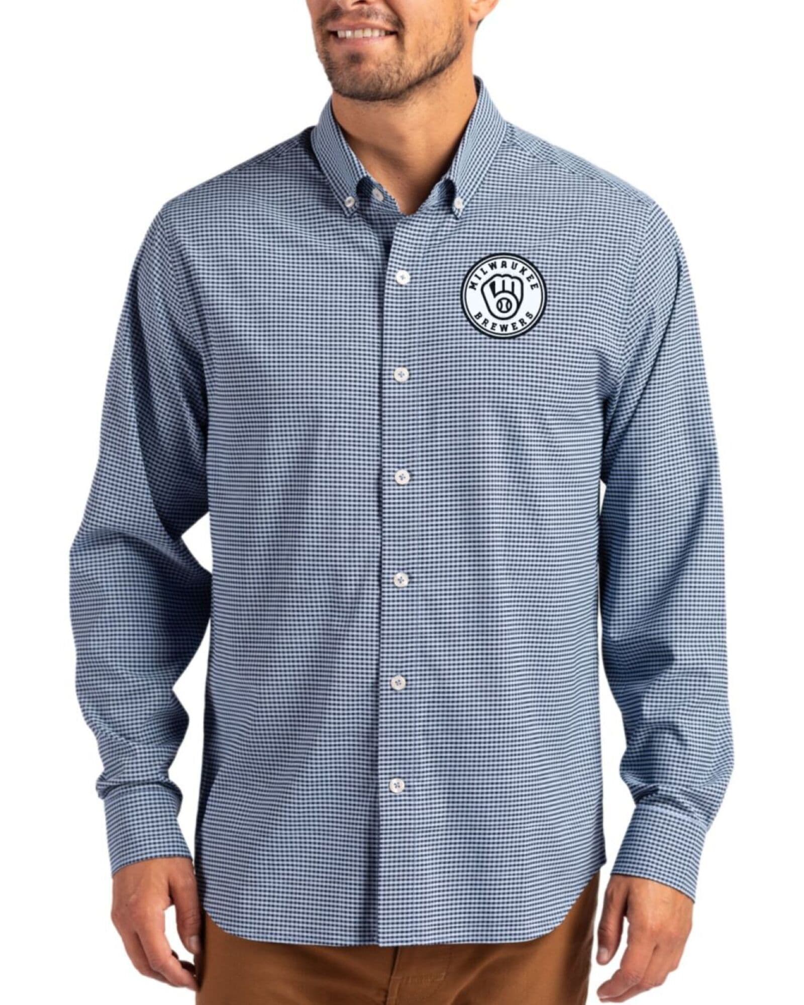 Men's Milwaukee Brewers Cutter & Buck Mono Pale Blue/Navy Blue Skyline Gingham Long Sleeve Button Down Dress Shirt