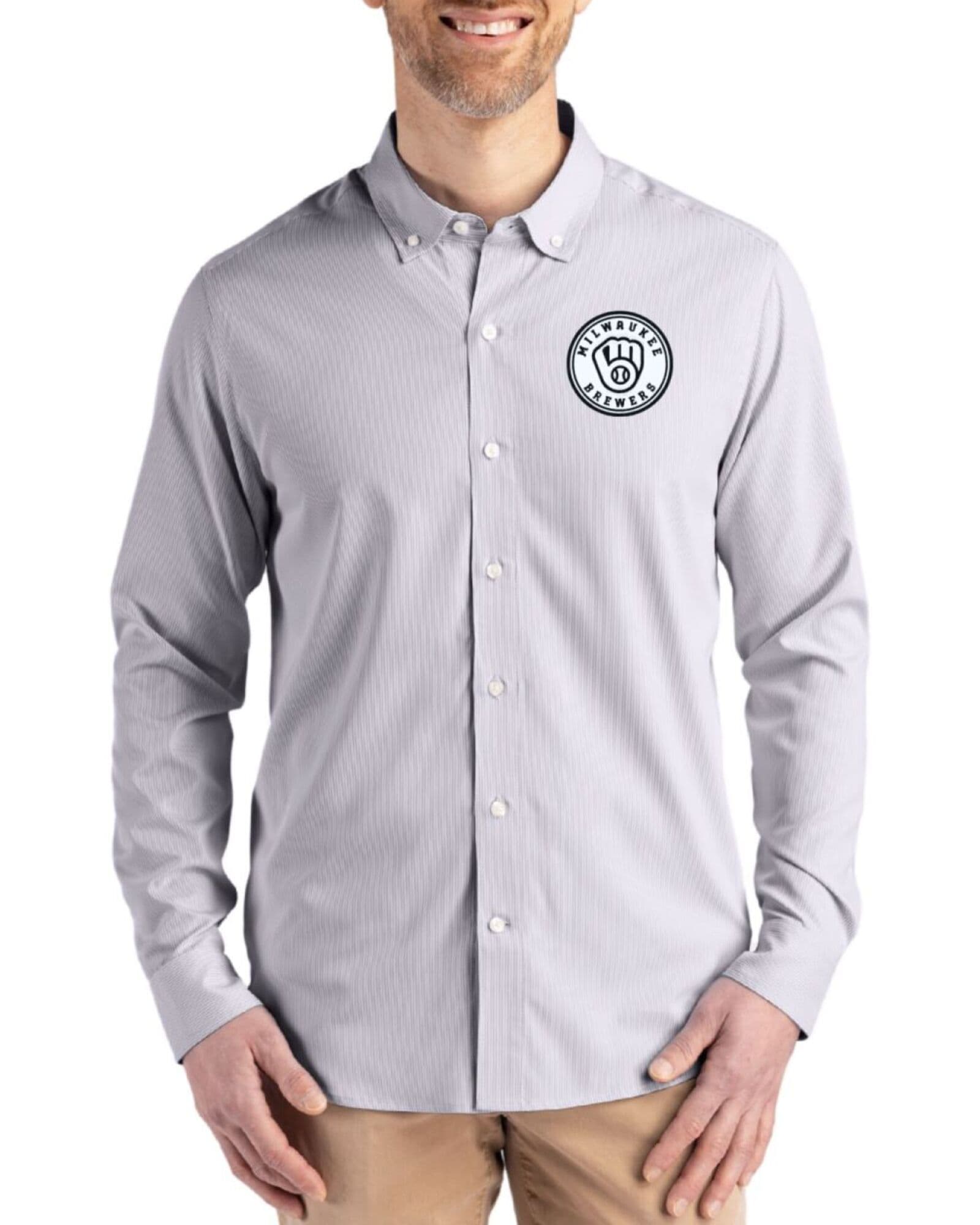 Men's Milwaukee Brewers Cutter & Buck Mono Elemental Grey/White Skyline Pinstripe Long Sleeve Button Down Dress Shirt