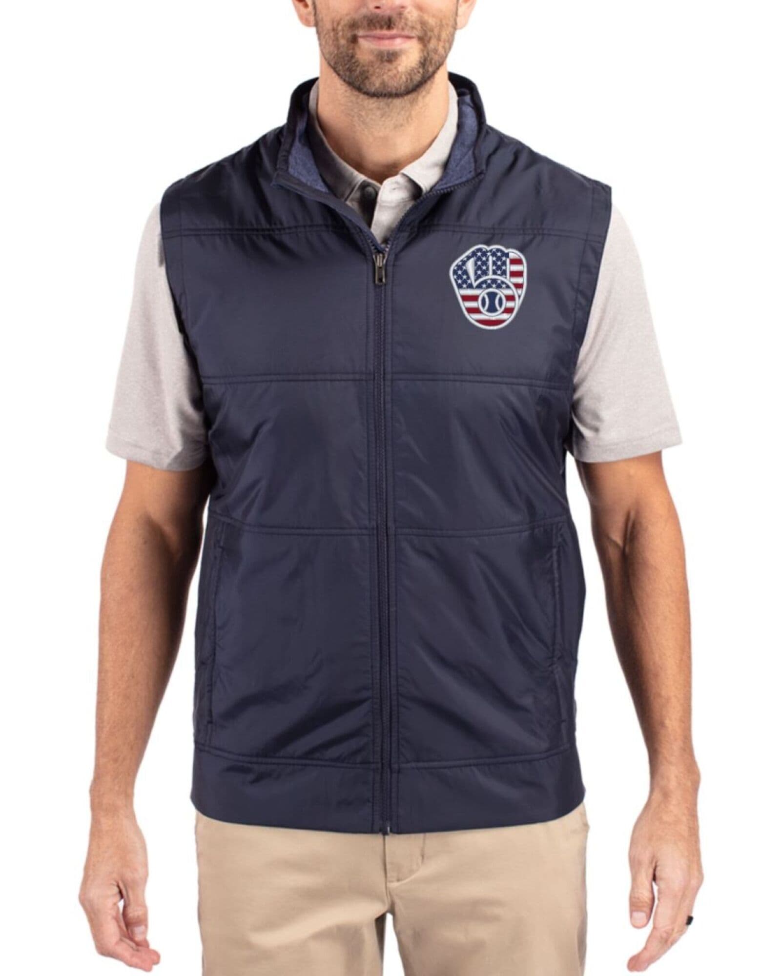Men's Milwaukee Brewers Cutter & Buck Stars And Stripes Liberty Navy Stealth Hybrid Quilted Windbreaker Vest