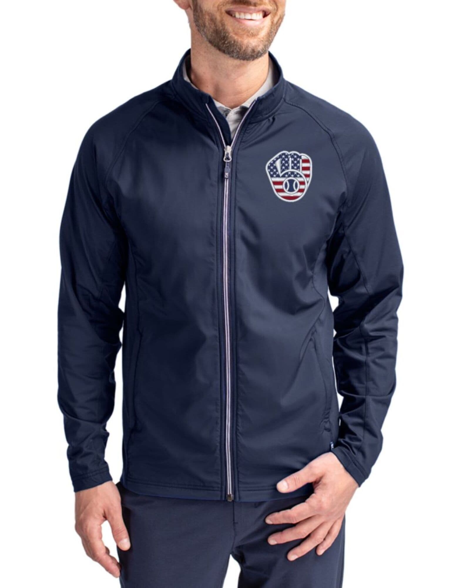 Men's Milwaukee Brewers Cutter & Buck Stars And Stripes Navy Blue Adapt Soft Knit Stretch Hybrid Full Zip Jacket