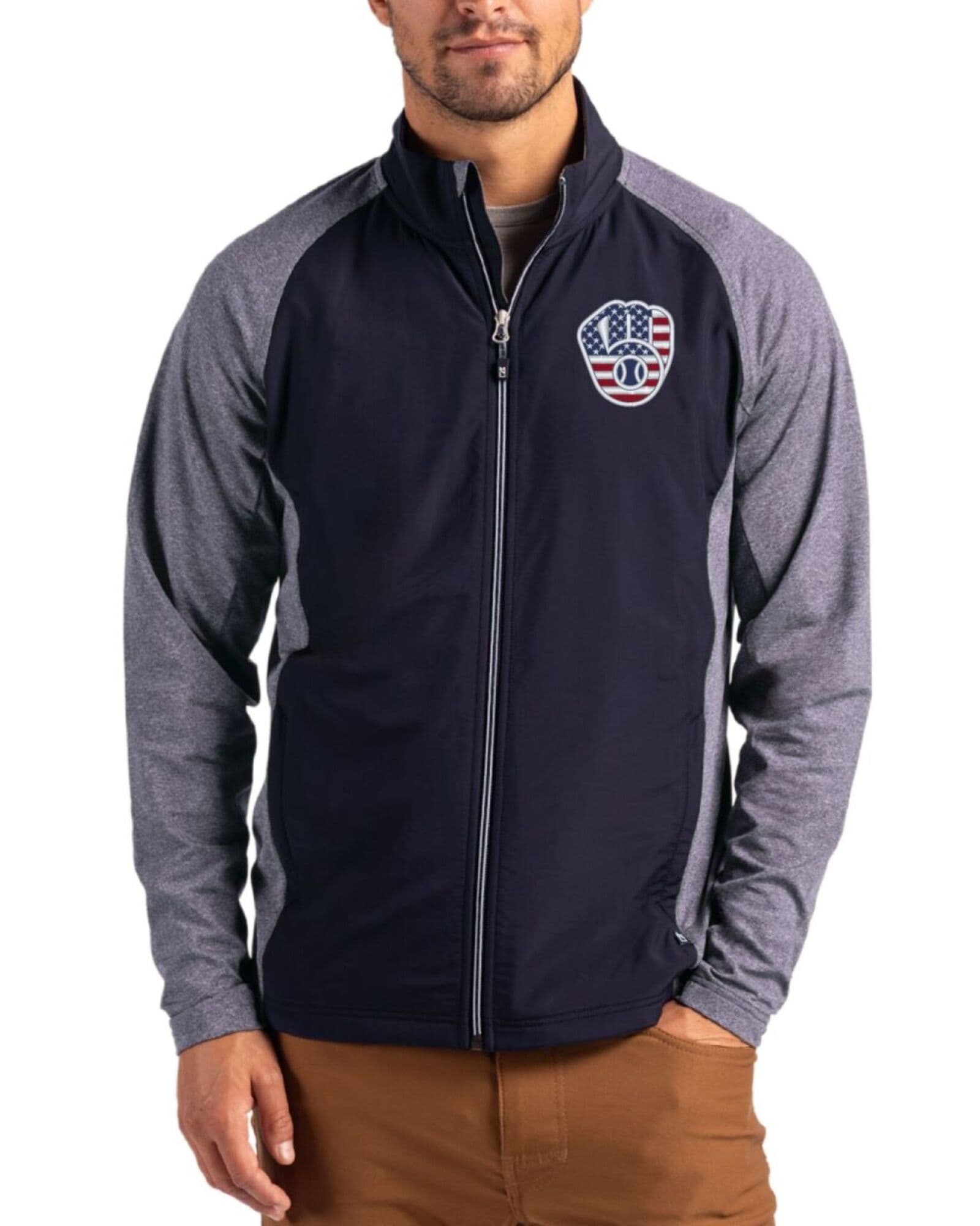 Men's Milwaukee Brewers Cutter & Buck Stars And Stripes Navy Blue Heather/Navy Blue Adapt Soft Knit Stretch Hybrid Full Zip Jacket