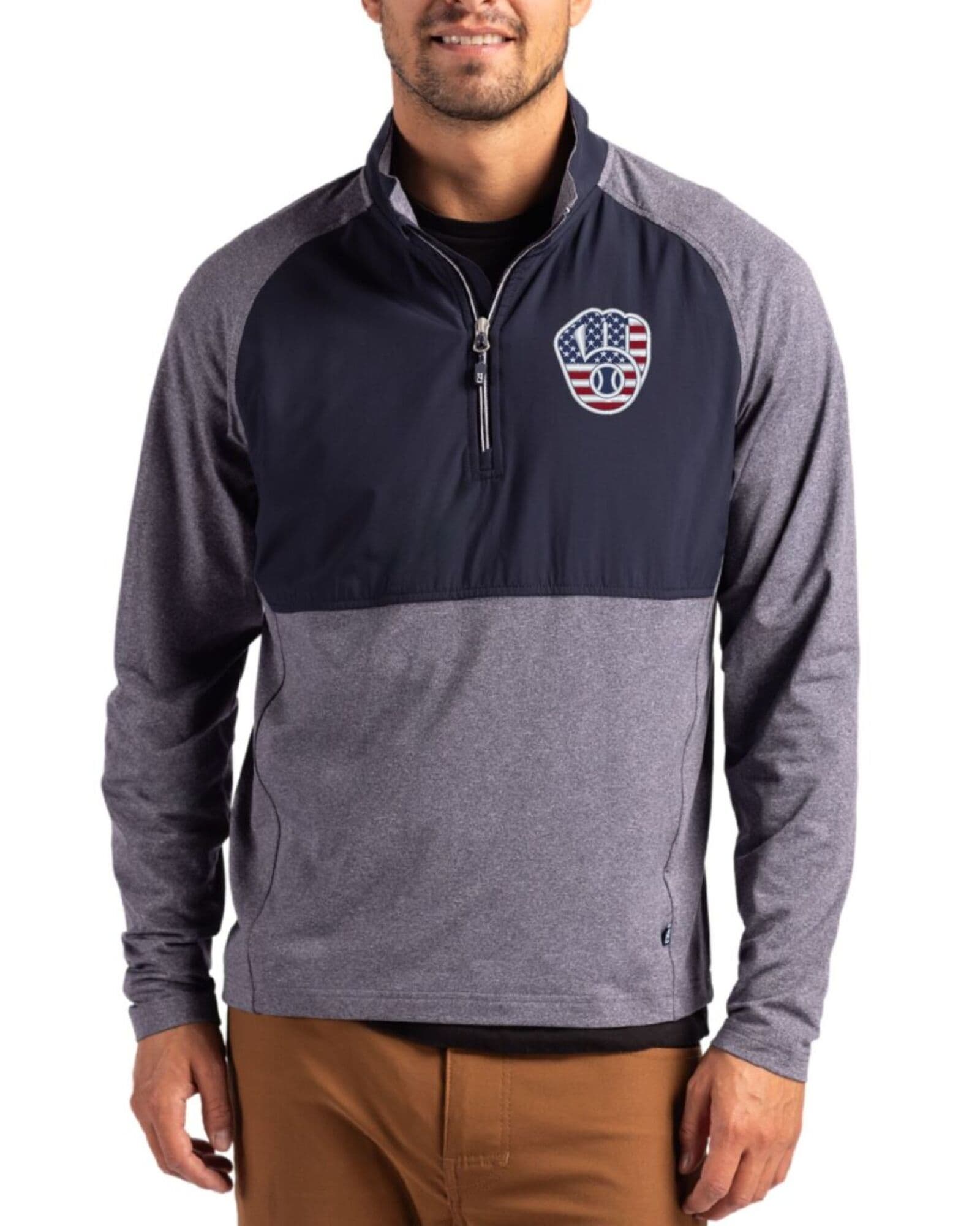 Men's Milwaukee Brewers Cutter & Buck Stars And Stripes Navy Blue Heather/Navy Blue Adapt Soft Knit Stretch Hybrid Quarter Zip Pullover