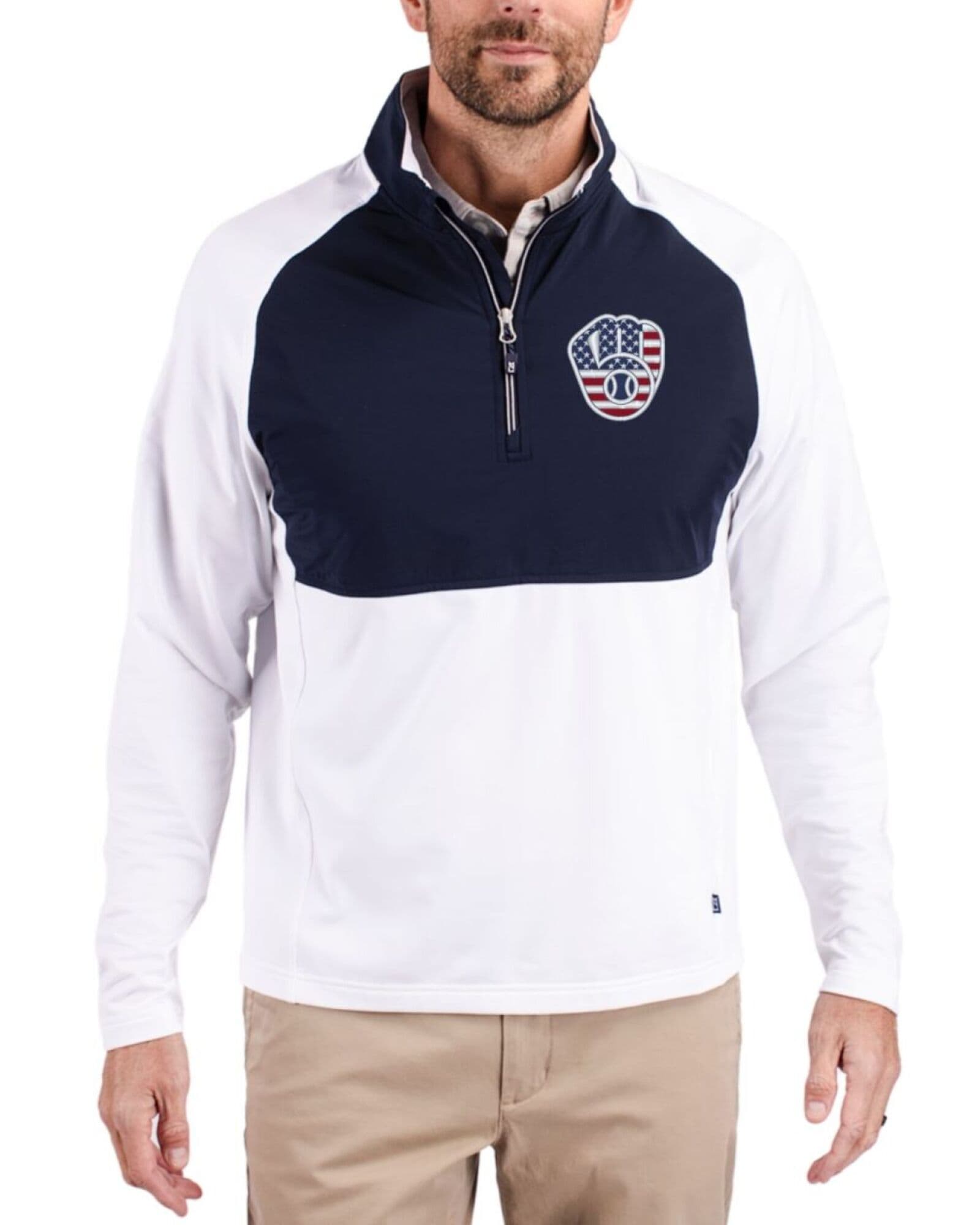 Men's Milwaukee Brewers Cutter & Buck Stars And Stripes White/Navy Blue Adapt Soft Knit Stretch Hybrid Quarter Zip Pullover