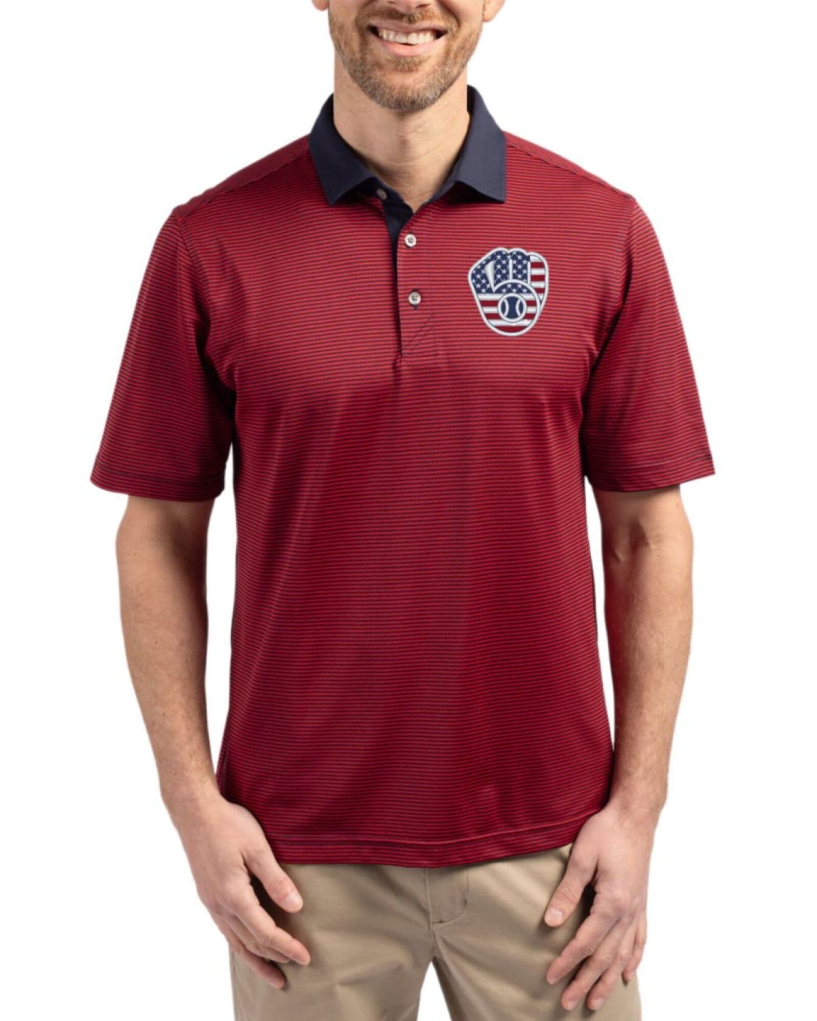 Men's Milwaukee Brewers Cutter & Buck Stars And Stripes Red/Navy Blue Virtue Micro Stripe Featherlight Pique Polo