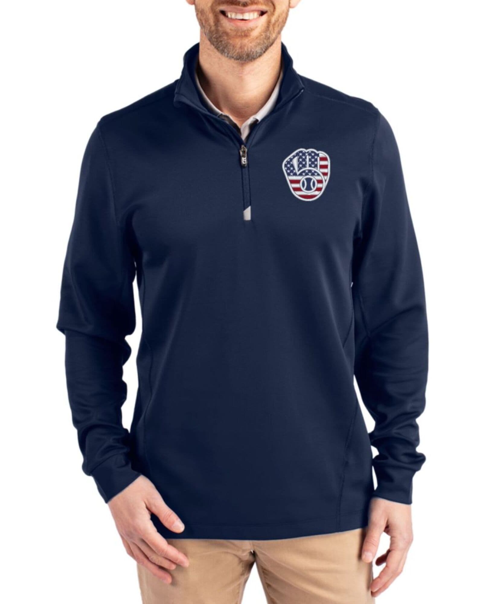 Men's Milwaukee Brewers Cutter & Buck Stars And Stripes Liberty Navy Traverse Smooth Stretch Quarter Zip Pullover