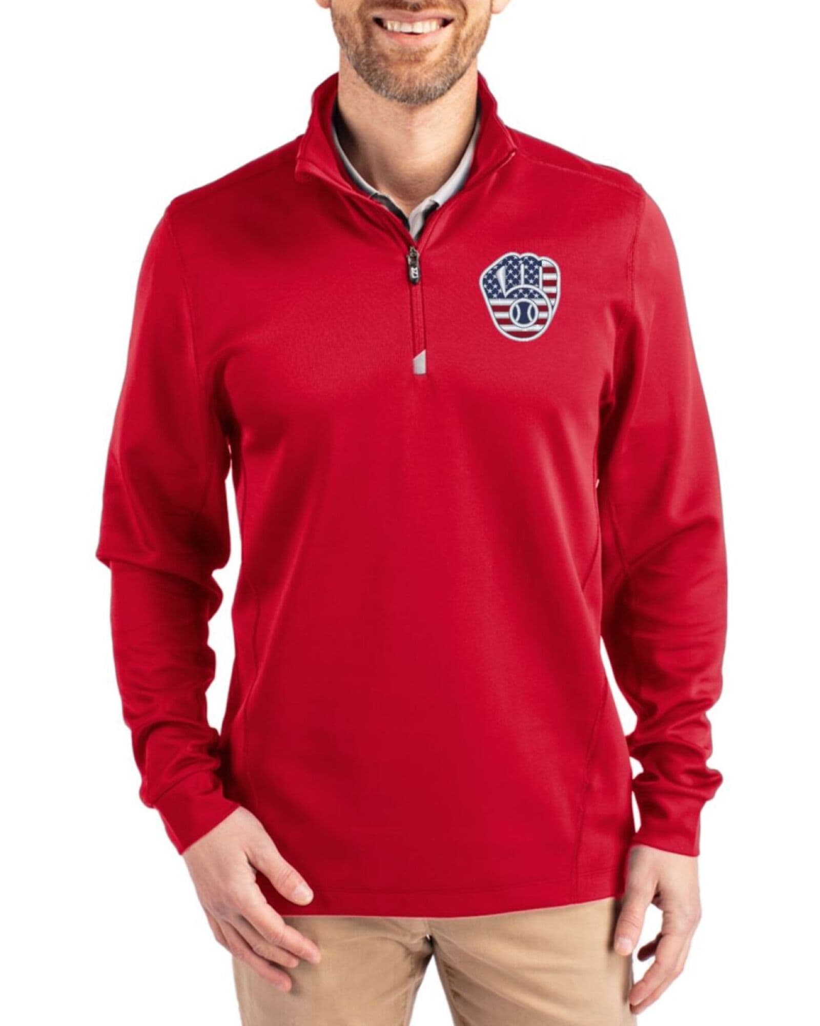 Men's Milwaukee Brewers Cutter & Buck Stars And Stripes Red Traverse Smooth Stretch Quarter Zip Pullover