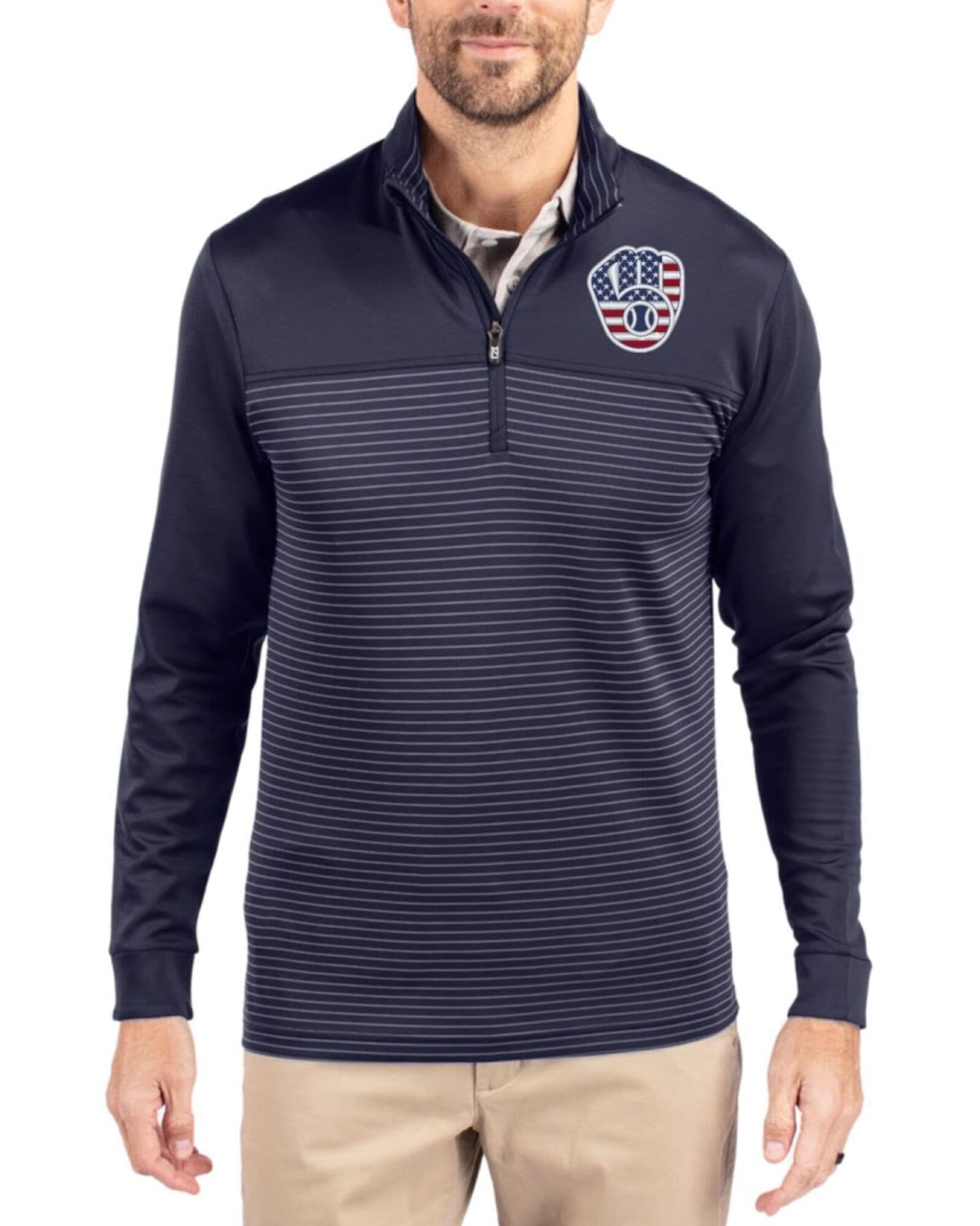 Men's Milwaukee Brewers Cutter & Buck Stars And Stripes Liberty Navy Traverse Smooth Stretch Stripe Quarter Zip Pullover