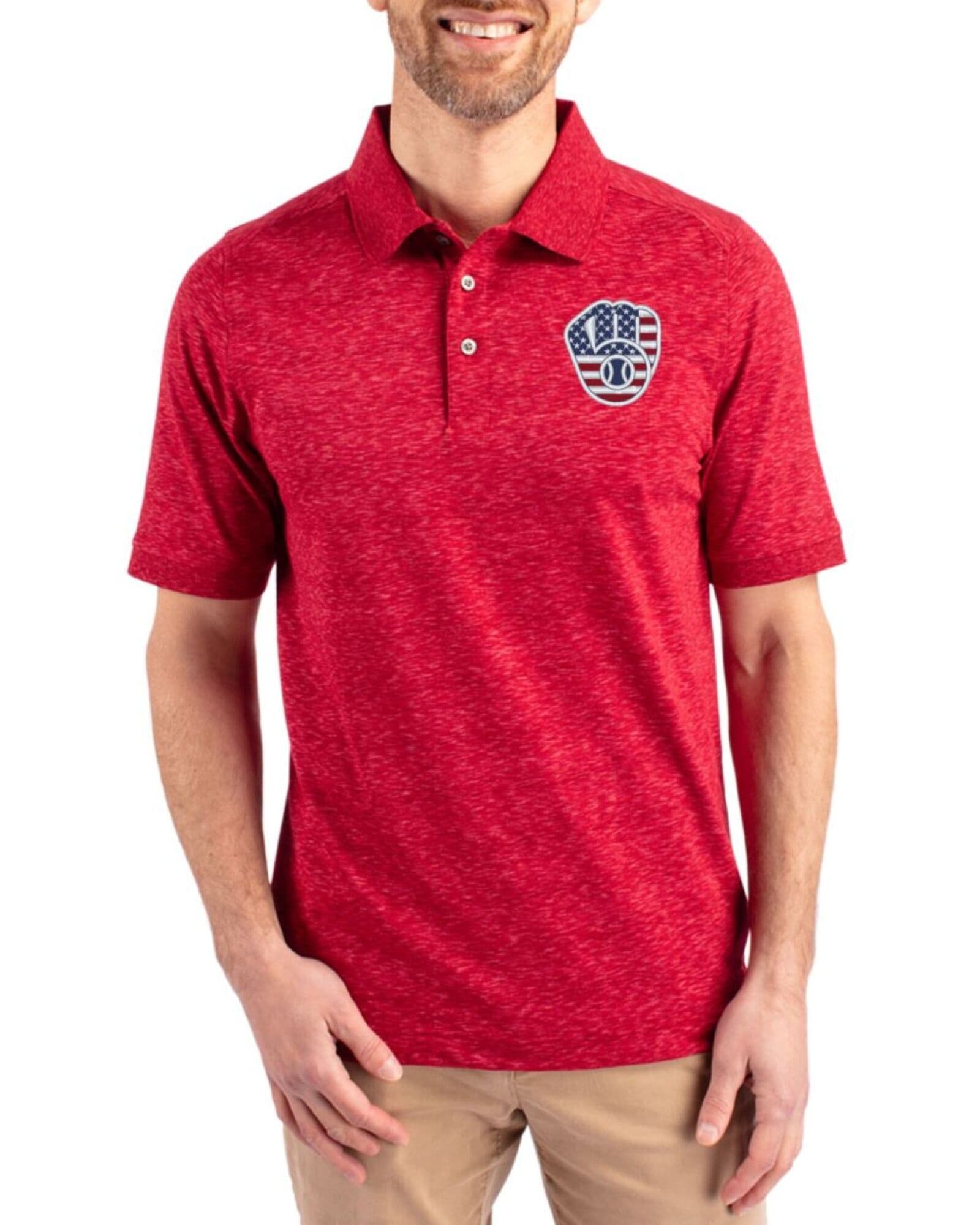 Men's Milwaukee Brewers Cutter & Buck Stars And Stripes Dark Cardinal Red Advantage Cotton-Blend Pique Space-Dye Polo