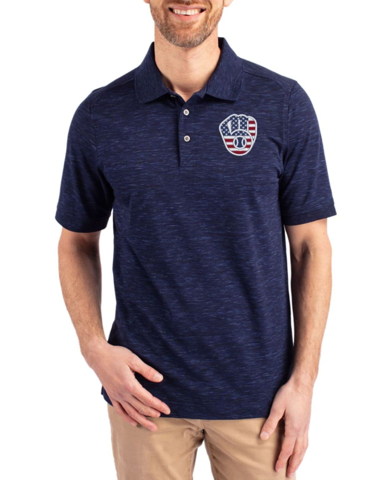 Men's Milwaukee Brewers Cutter & Buck Stars And Stripes Dark Liberty Navy Advantage Cotton-Blend Pique Space-Dye Polo