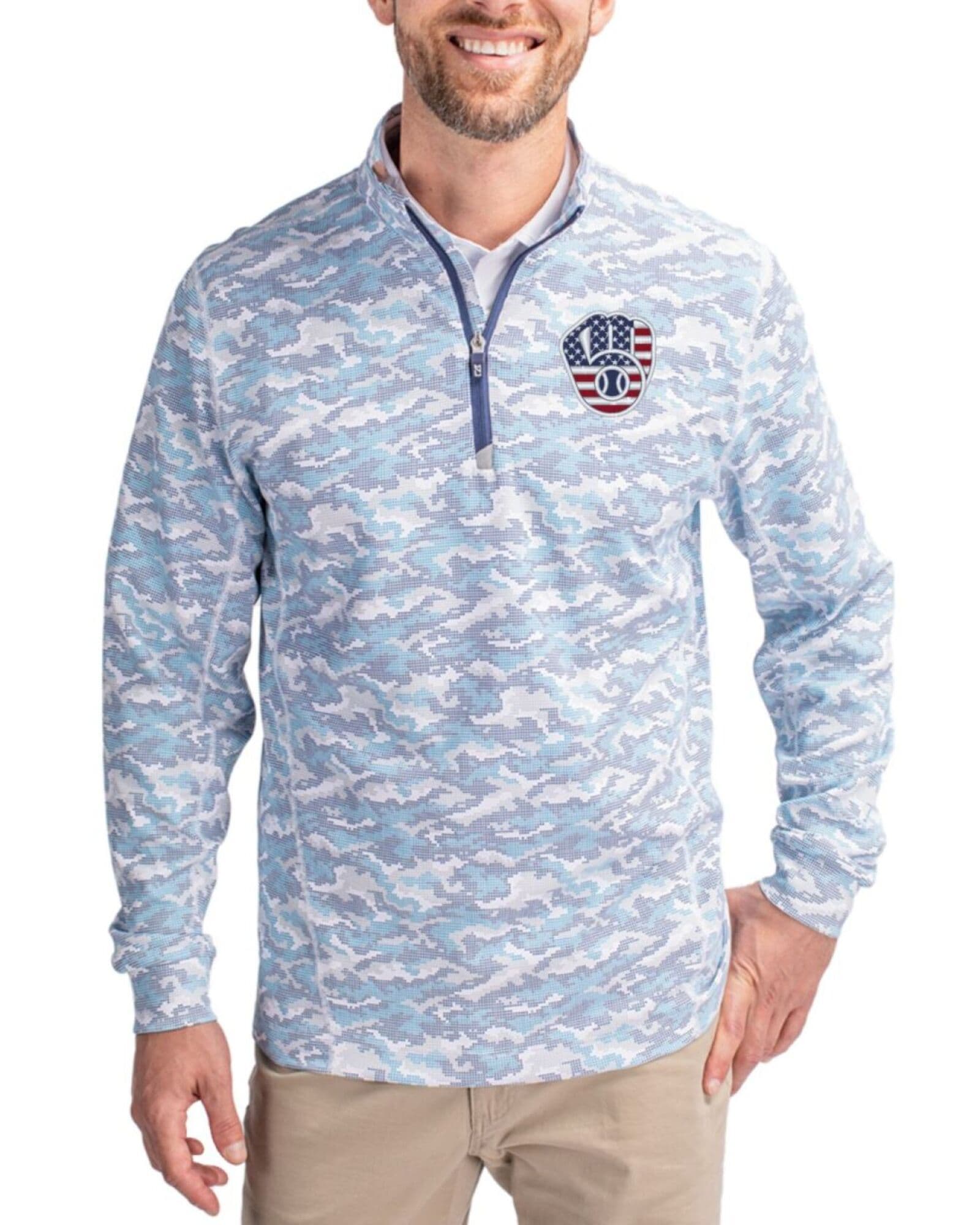 Men's Milwaukee Brewers Cutter & Buck Stars And Stripes Indigo Traverse Smooth Stretch Camo Quarter Zip Pullover