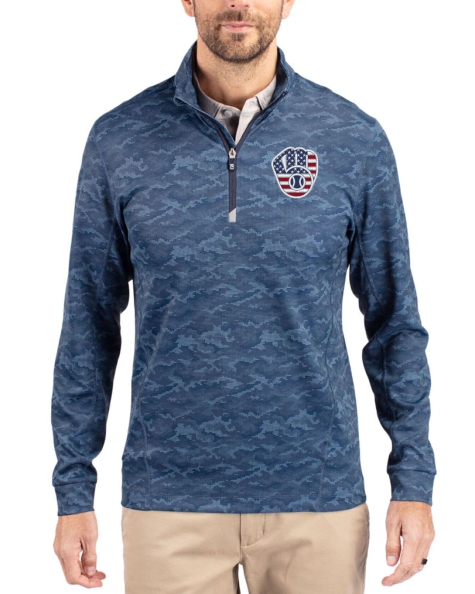 Men's Milwaukee Brewers Cutter & Buck Stars And Stripes Navy Blue Traverse Smooth Stretch Camo Quarter Zip Pullover