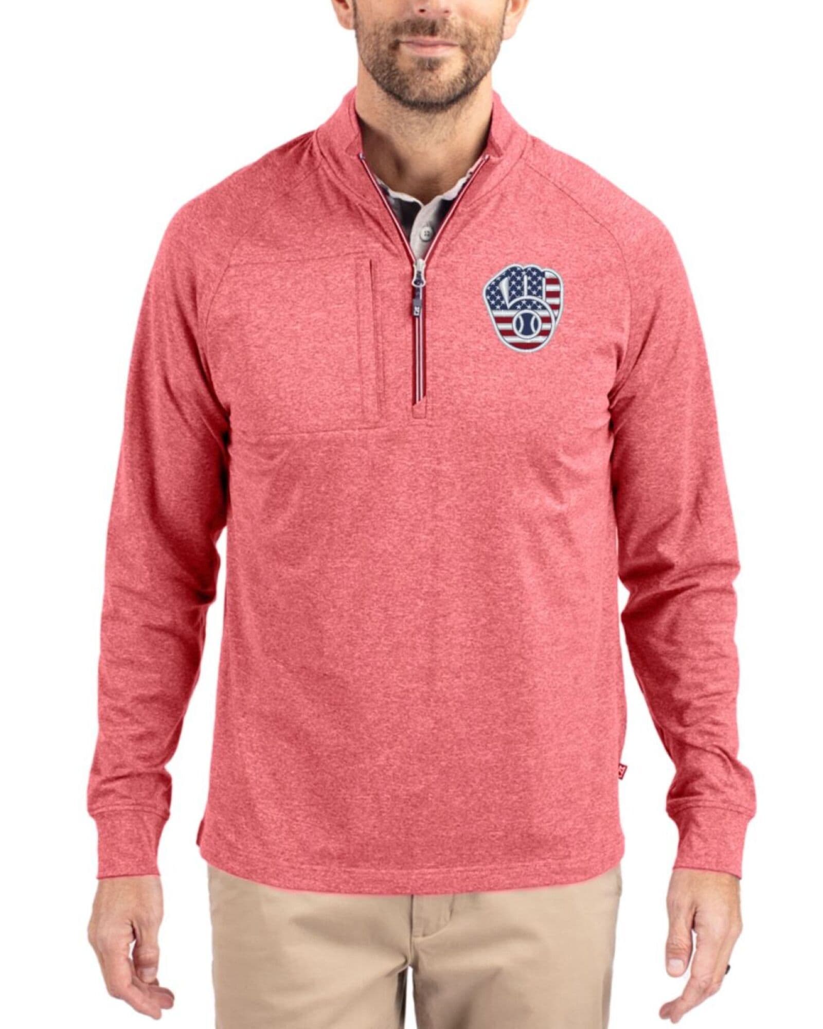 Men's Milwaukee Brewers Cutter & Buck Stars And Stripes Cardinal Red Heather Adapt Soft Knit Stretch Heathered Quarter Zip Pullover