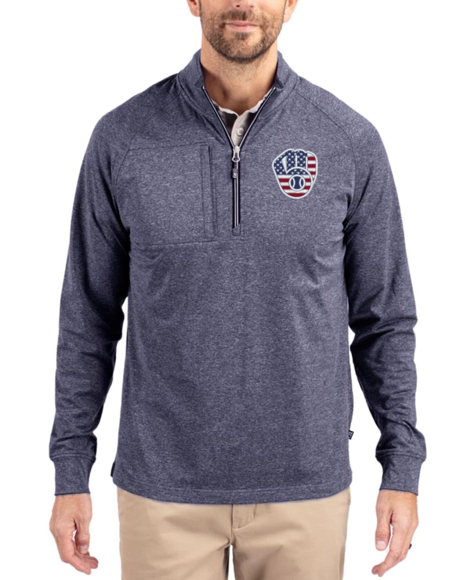 Men's Milwaukee Brewers Cutter & Buck Stars And Stripes Navy Blue Heather Adapt Soft Knit Stretch Heathered Quarter Zip Pullover