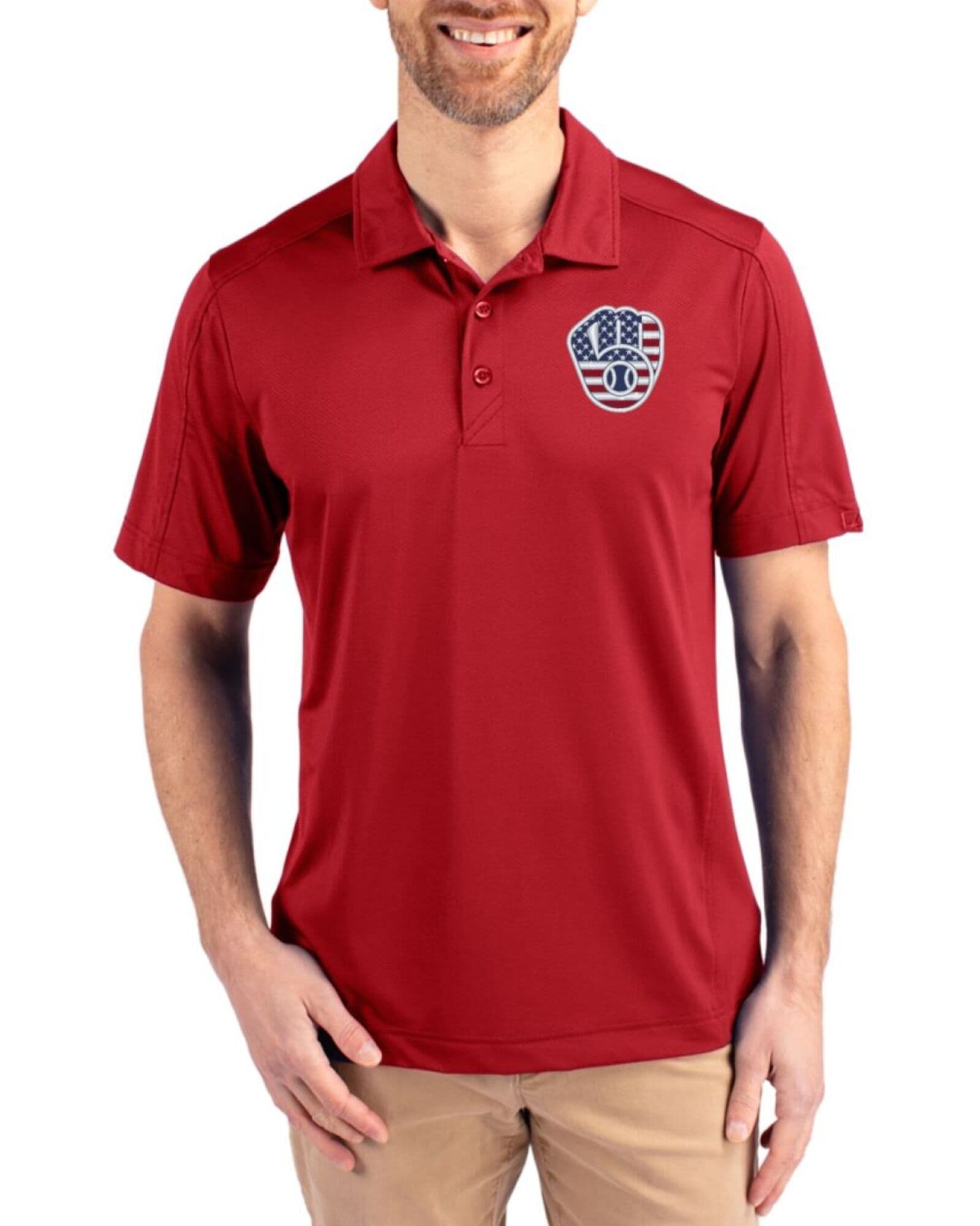 Men's Milwaukee Brewers Cutter & Buck Stars And Stripes Cardinal Red Prospect Featherlight Stretch Polo
