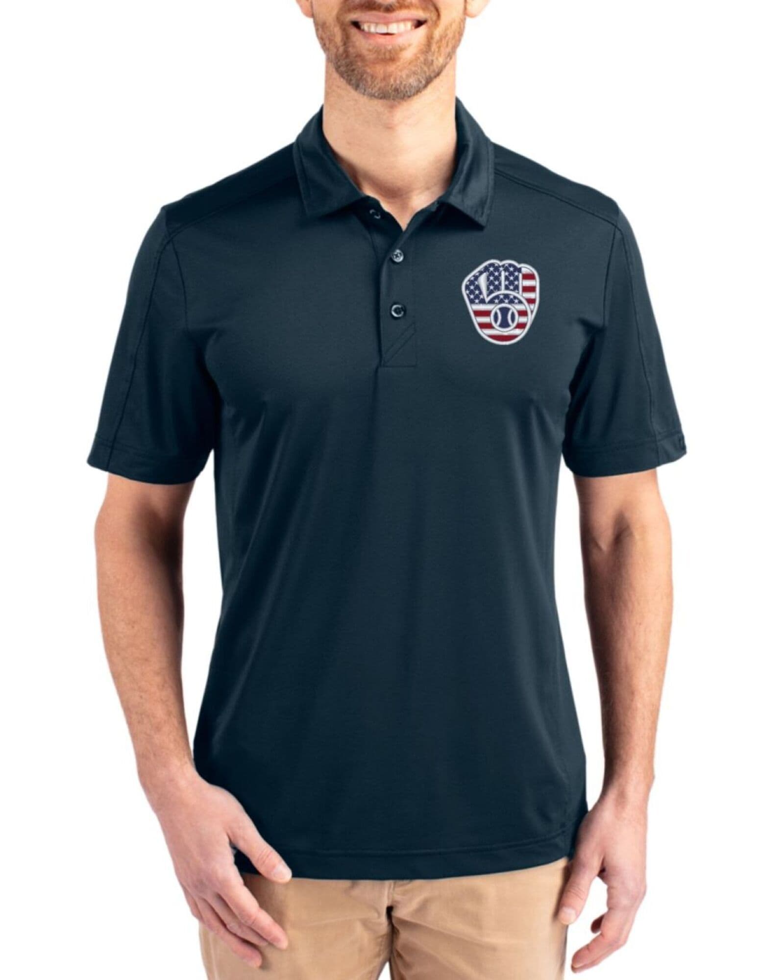 Men's Milwaukee Brewers Cutter & Buck Stars And Stripes Navy Blue Prospect Featherlight Stretch Polo