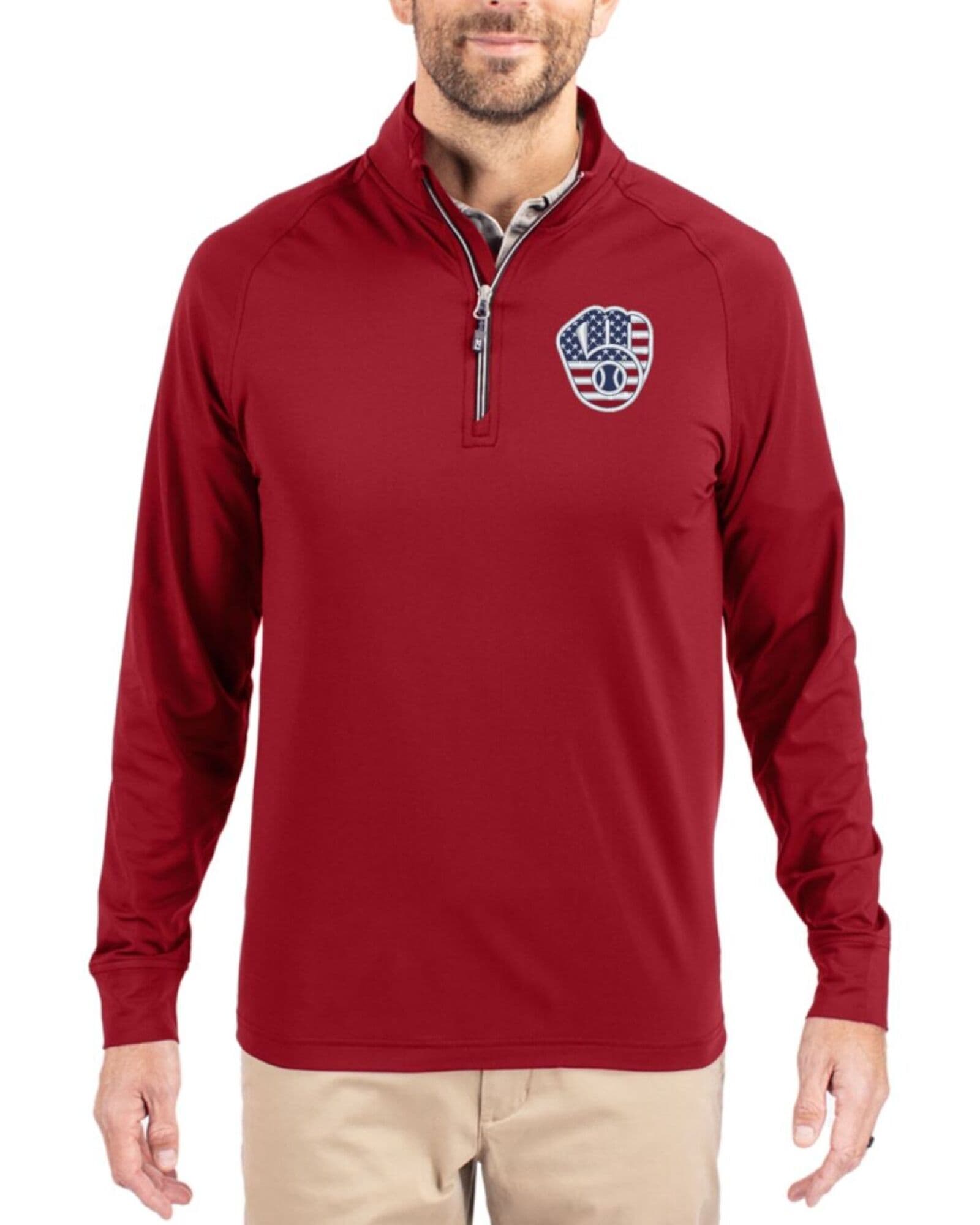 Men's Milwaukee Brewers Cutter & Buck Stars And Stripes Cardinal Red Adapt Soft Knit Stretch Quarter Zip Pullover