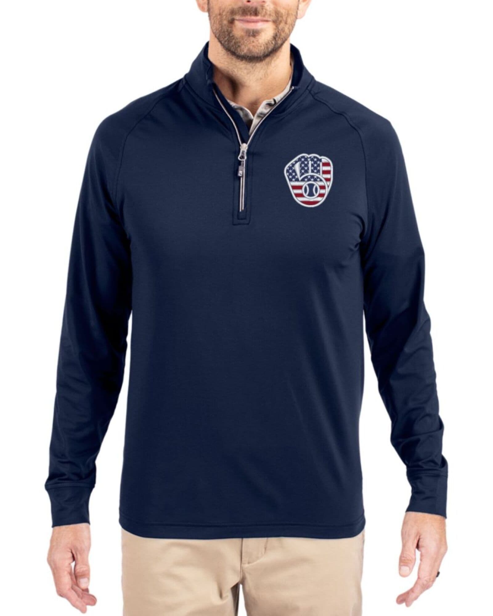 Men's Milwaukee Brewers Cutter & Buck Stars And Stripes Navy Blue Adapt Soft Knit Stretch Quarter Zip Pullover