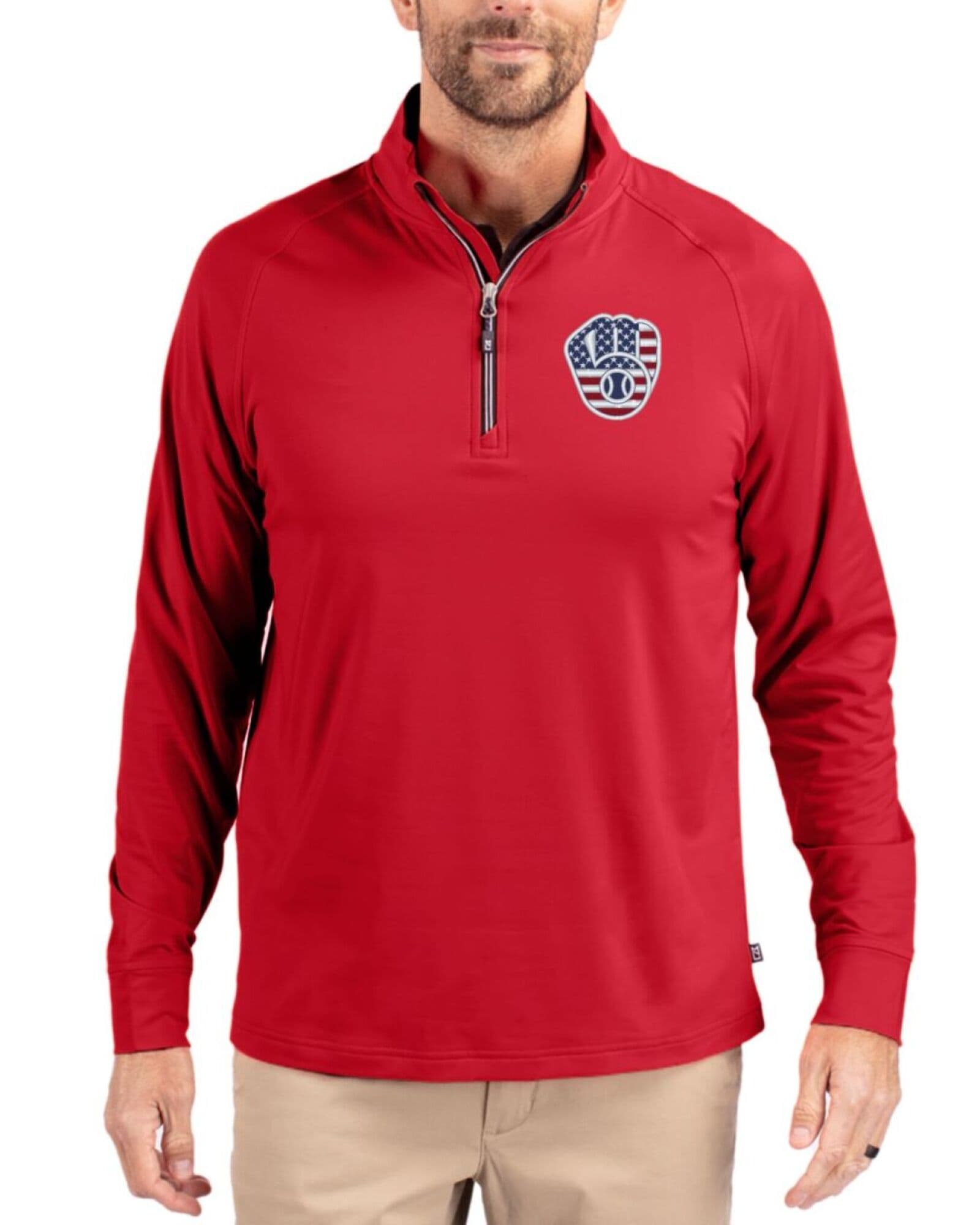 Men's Milwaukee Brewers Cutter & Buck Stars And Stripes Red Adapt Soft Knit Stretch Quarter Zip Pullover
