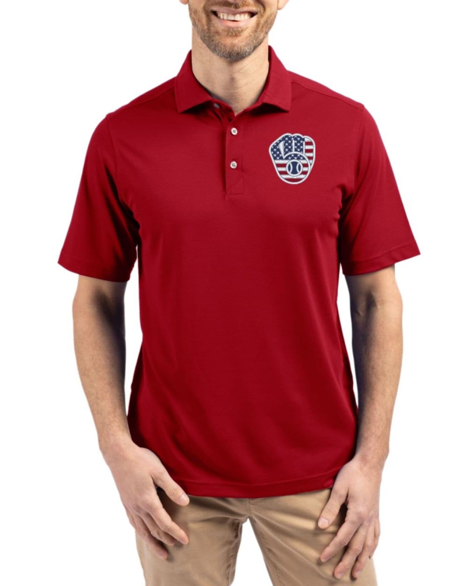 Men's Milwaukee Brewers Cutter & Buck Stars And Stripes Cardinal Red Virtue Featherlight Pique Polo