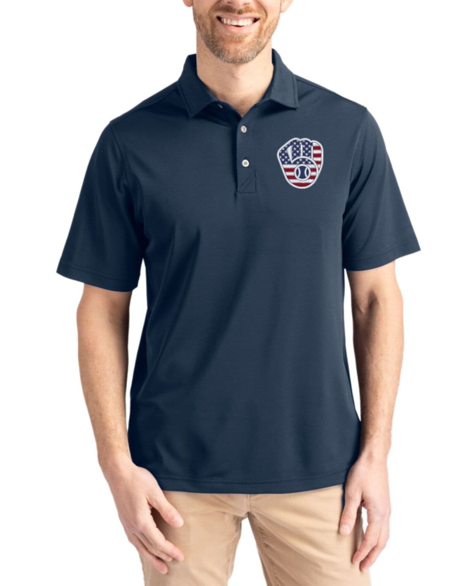 Men's Milwaukee Brewers Cutter & Buck Stars And Stripes Navy Blue Virtue Featherlight Pique Polo