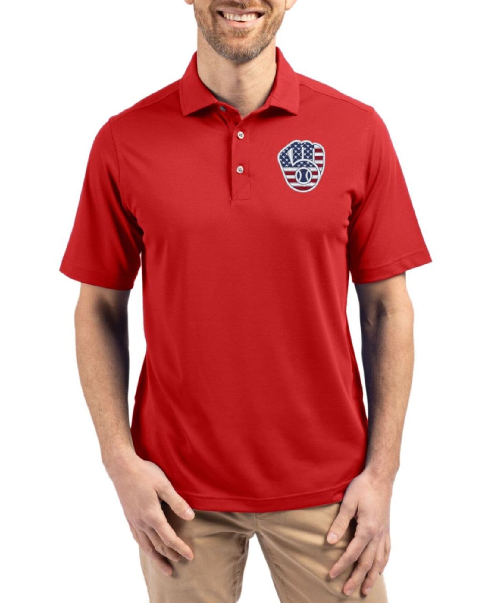 Men's Milwaukee Brewers Cutter & Buck Stars And Stripes Red Virtue Featherlight Pique Polo
