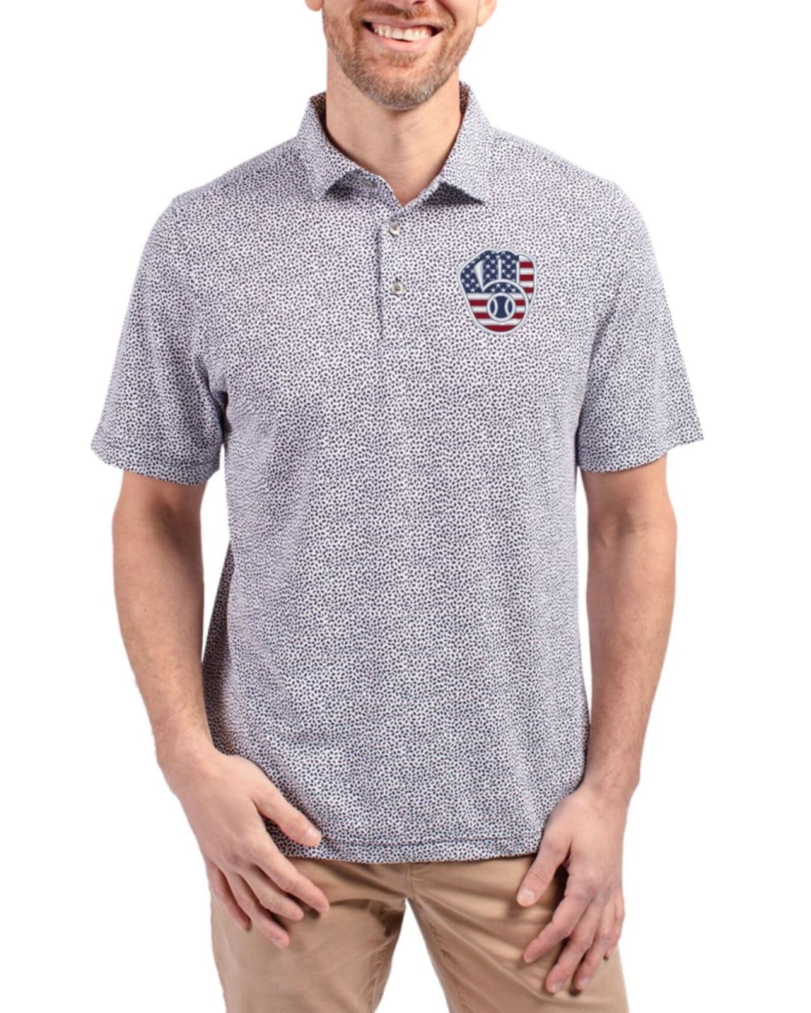 Men's Milwaukee Brewers Cutter & Buck Stars And Stripes Navy Blue Virtue Botanical Print Featherlight Pique Polo