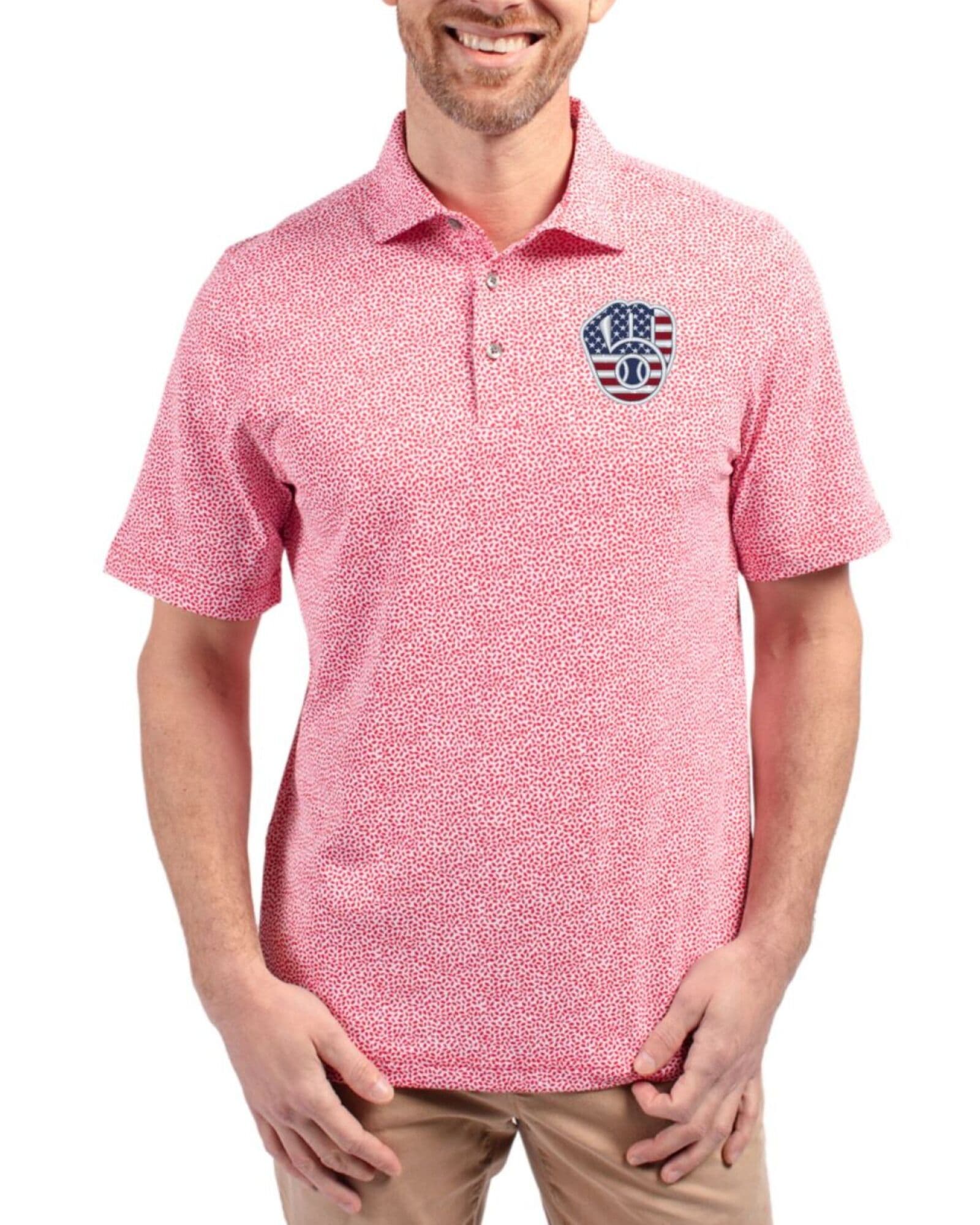 Men's Milwaukee Brewers Cutter & Buck Stars And Stripes Red Virtue Botanical Print Featherlight Pique Polo