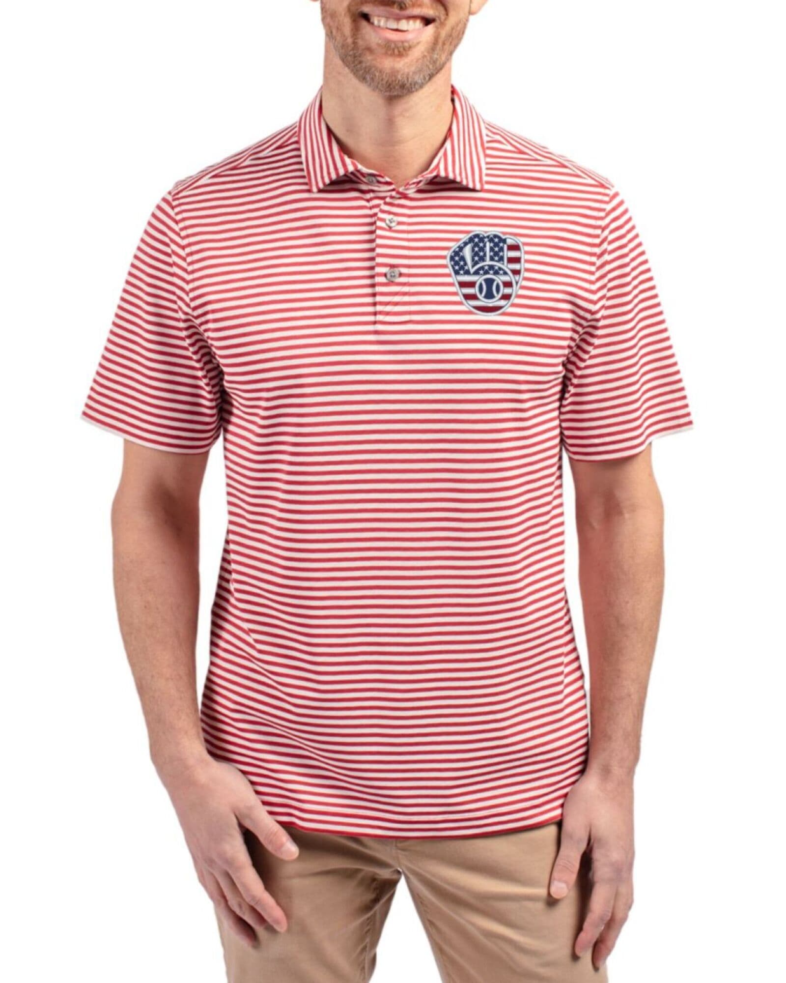 Men's Milwaukee Brewers Cutter & Buck Stars And Stripes Cardinal Red Virtue Stripe Featherlight Pique Polo
