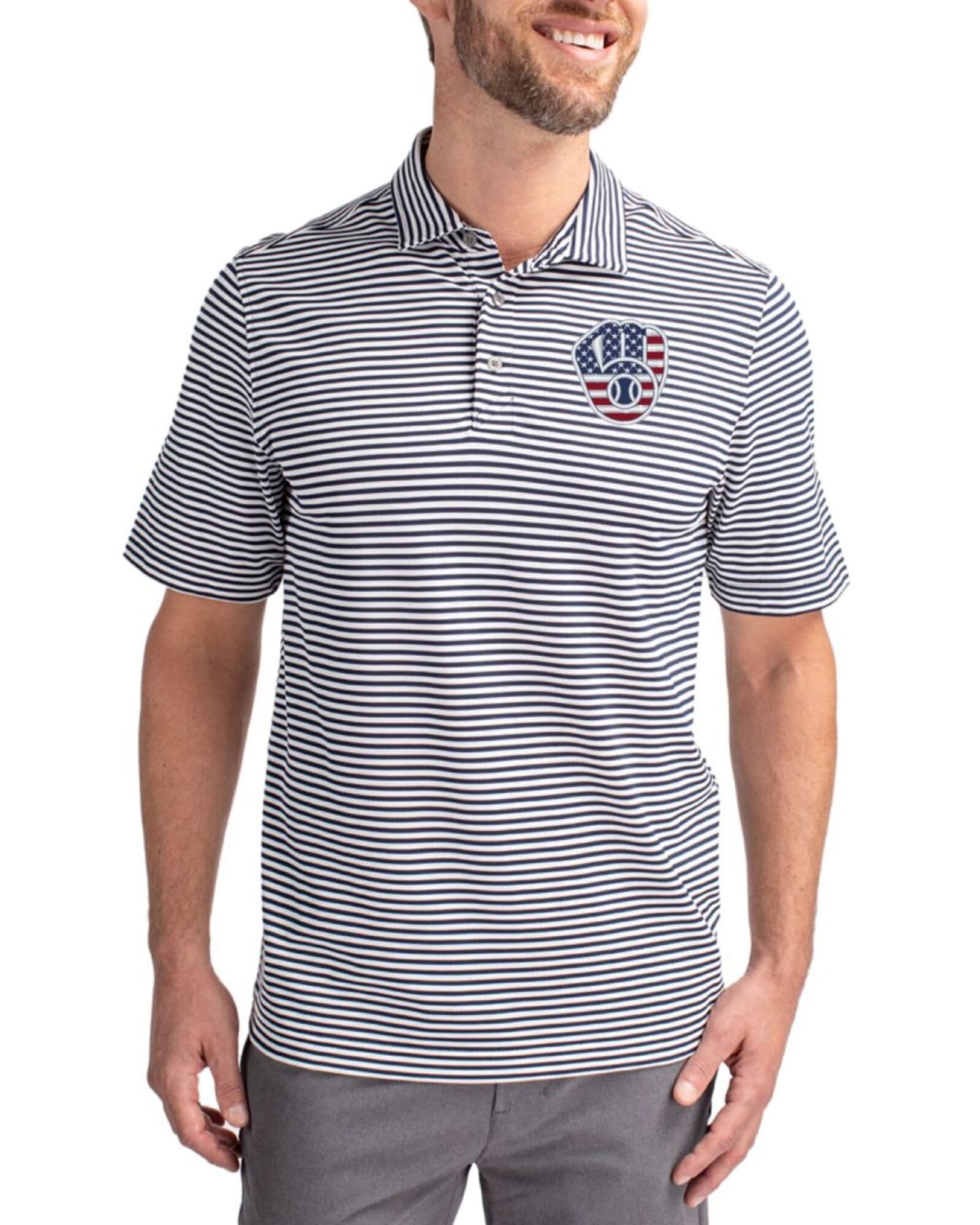 Men's Milwaukee Brewers Cutter & Buck Stars And Stripes Navy Blue Virtue Stripe Featherlight Pique Polo