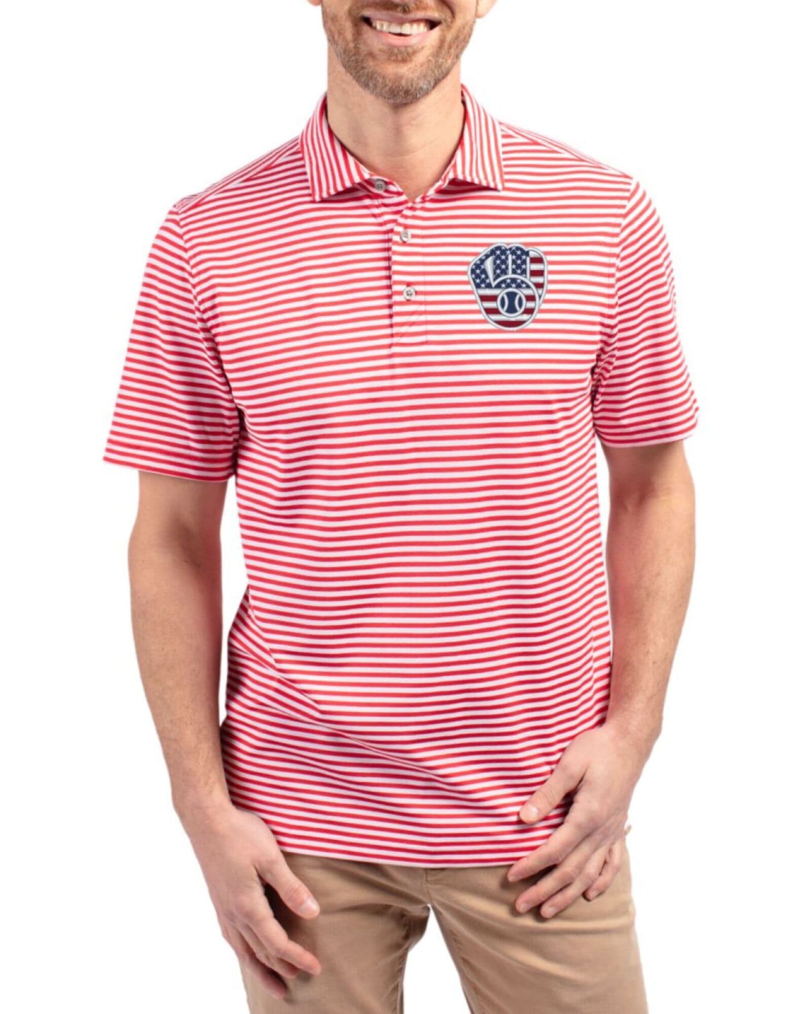 Men's Milwaukee Brewers Cutter & Buck Stars And Stripes Red Virtue Stripe Featherlight Pique Polo