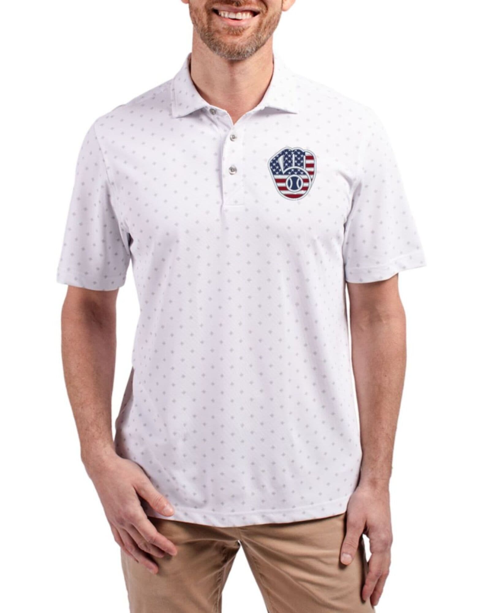 Men's Milwaukee Brewers Cutter & Buck Stars And Stripes White Virtue Tile Print Featherlight Pique Polo