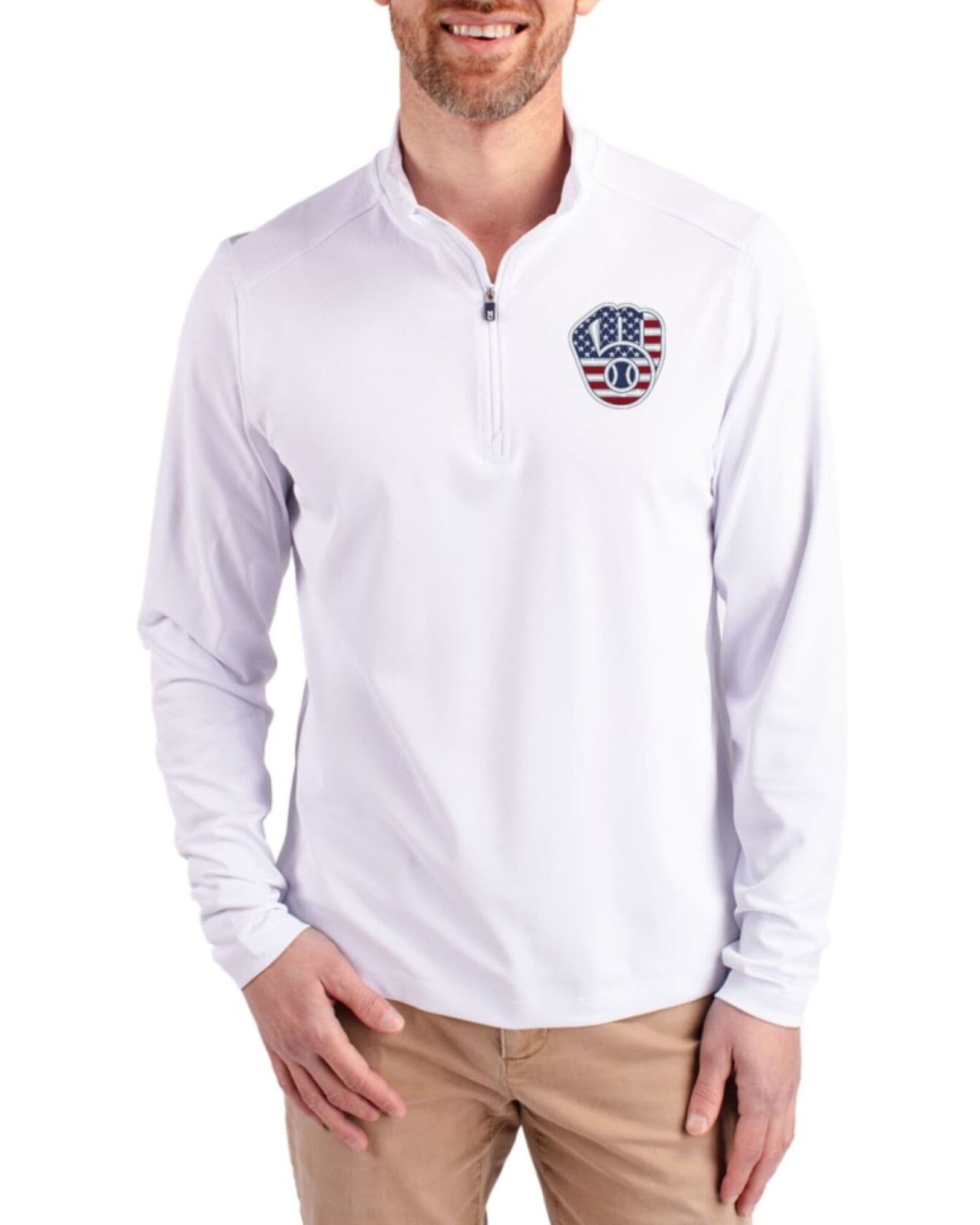 Men's Milwaukee Brewers Cutter & Buck Stars And Stripes White Virtue Featherlight Pique Quarter Zip Pullover