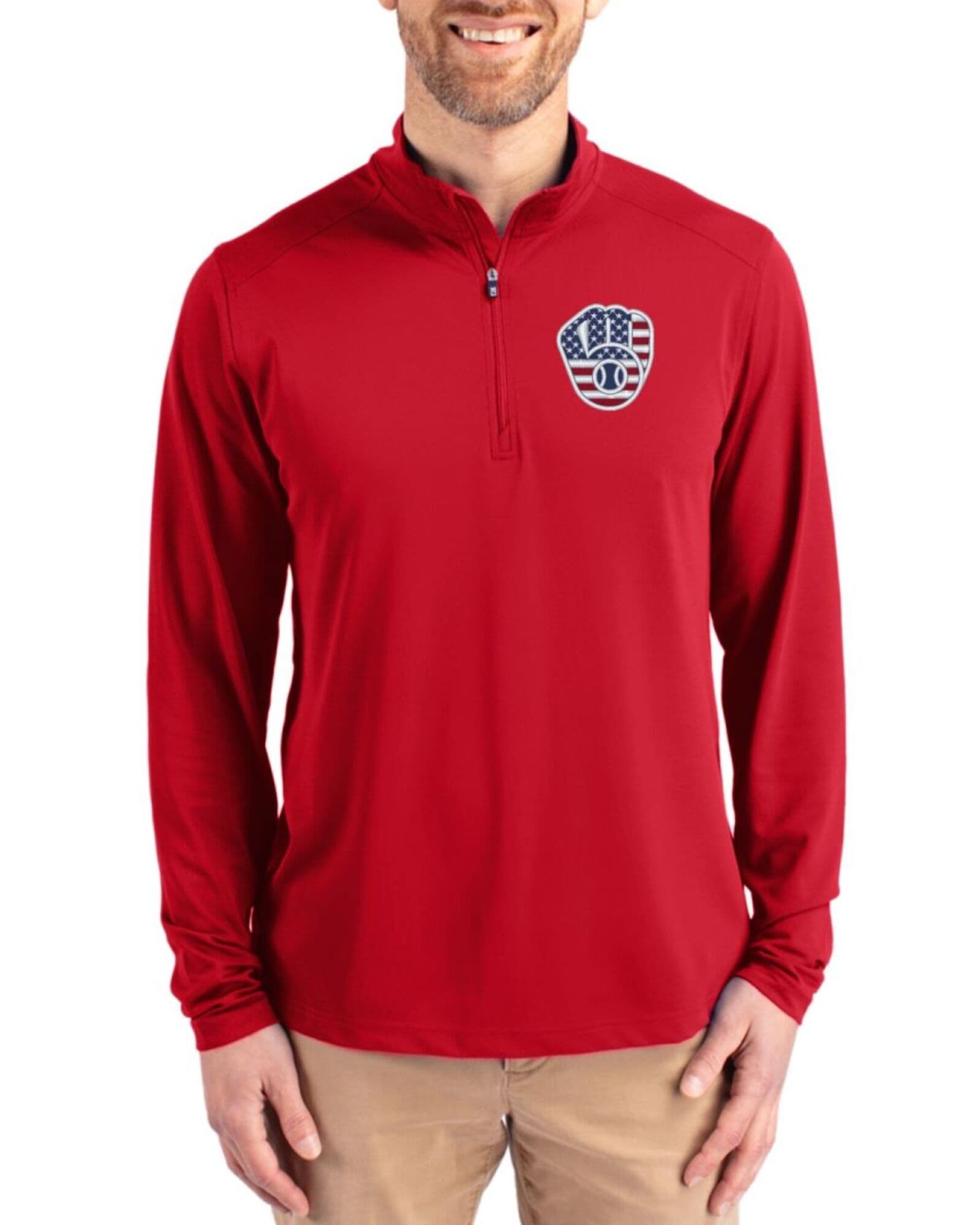 Men's Milwaukee Brewers Cutter & Buck Stars And Stripes Red Virtue Featherlight Pique Quarter Zip Pullover