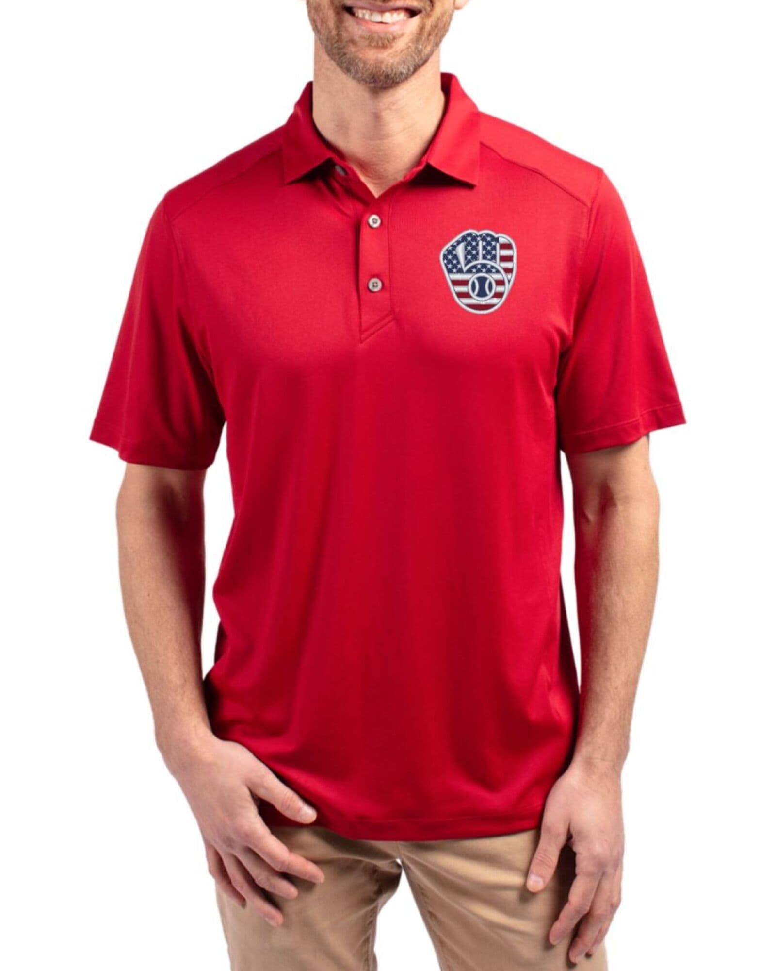 Men's Milwaukee Brewers Cutter & Buck Stars And Stripes Cardinal Red Forge Four-Way Stretch Polo