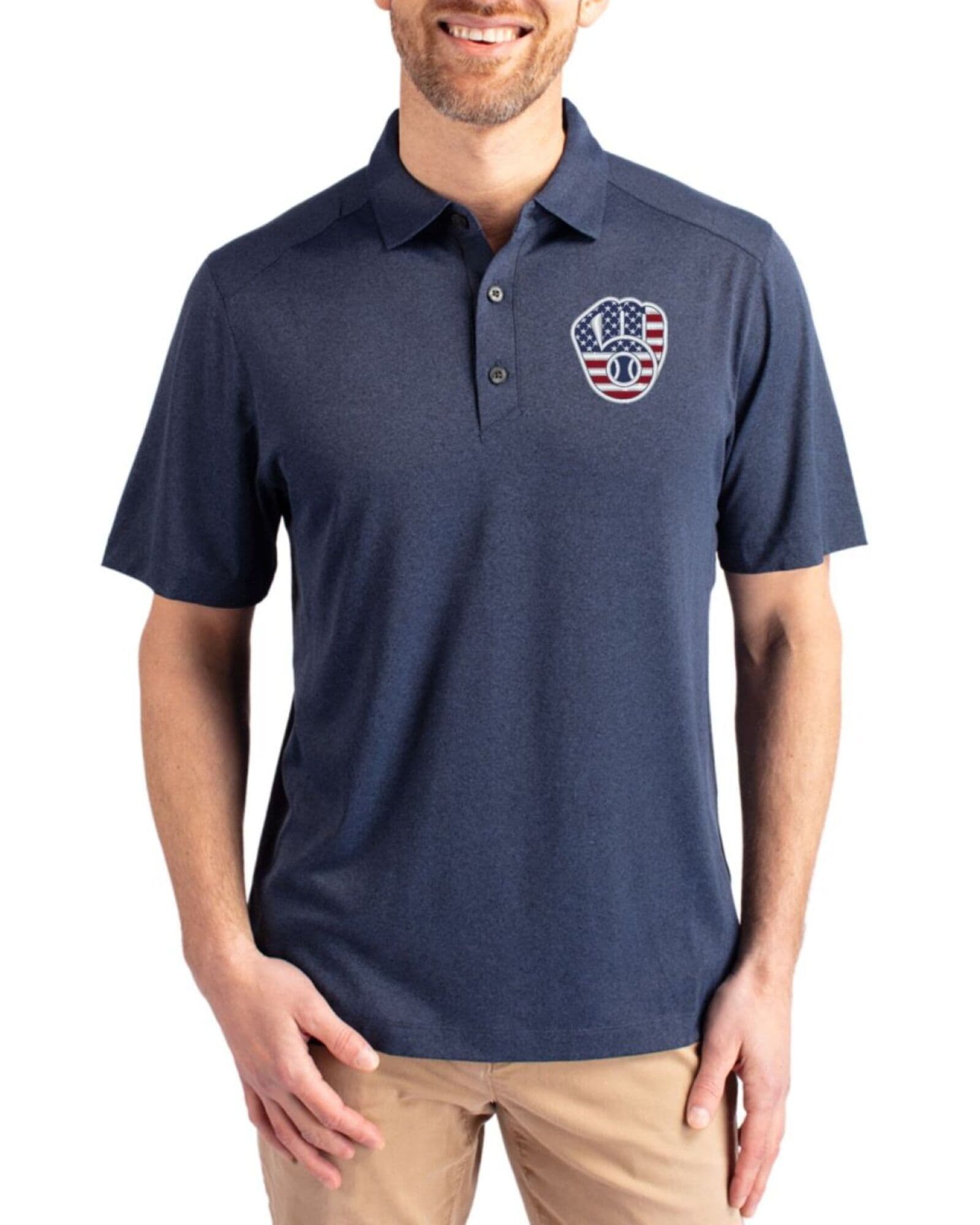 Men's Milwaukee Brewers Cutter & Buck Stars And Stripes Dark Navy Blue Heather Forge Four-Way Stretch Polo