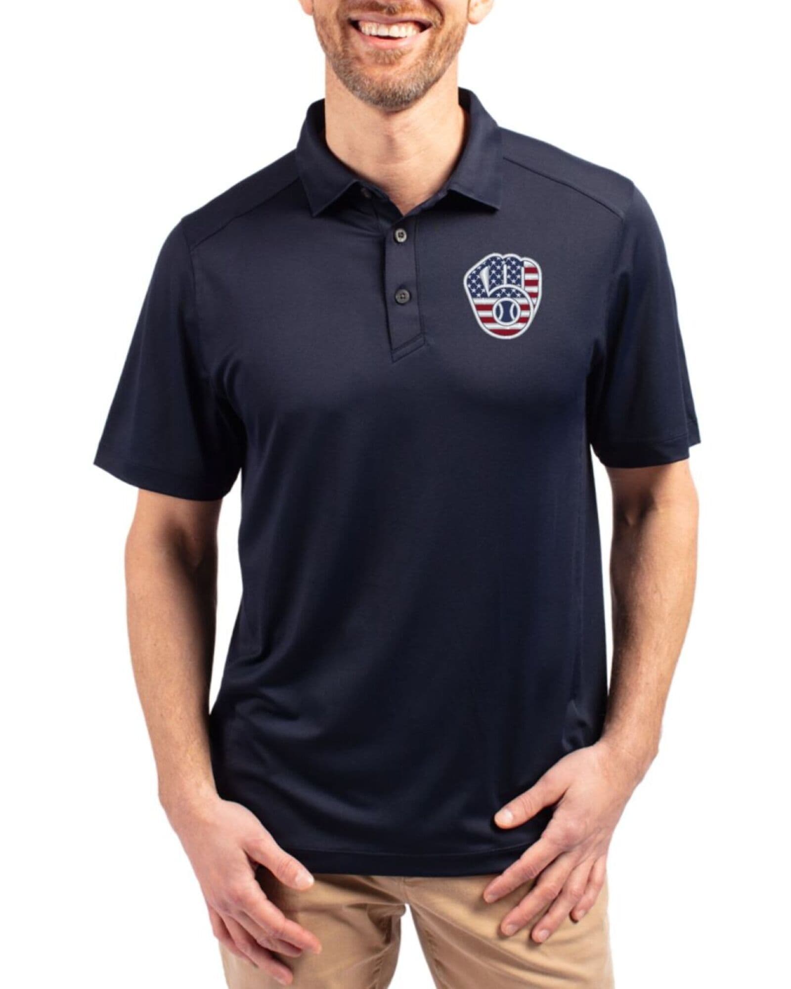 Men's Milwaukee Brewers Cutter & Buck Stars And Stripes Navy Blue Forge Four-Way Stretch Polo