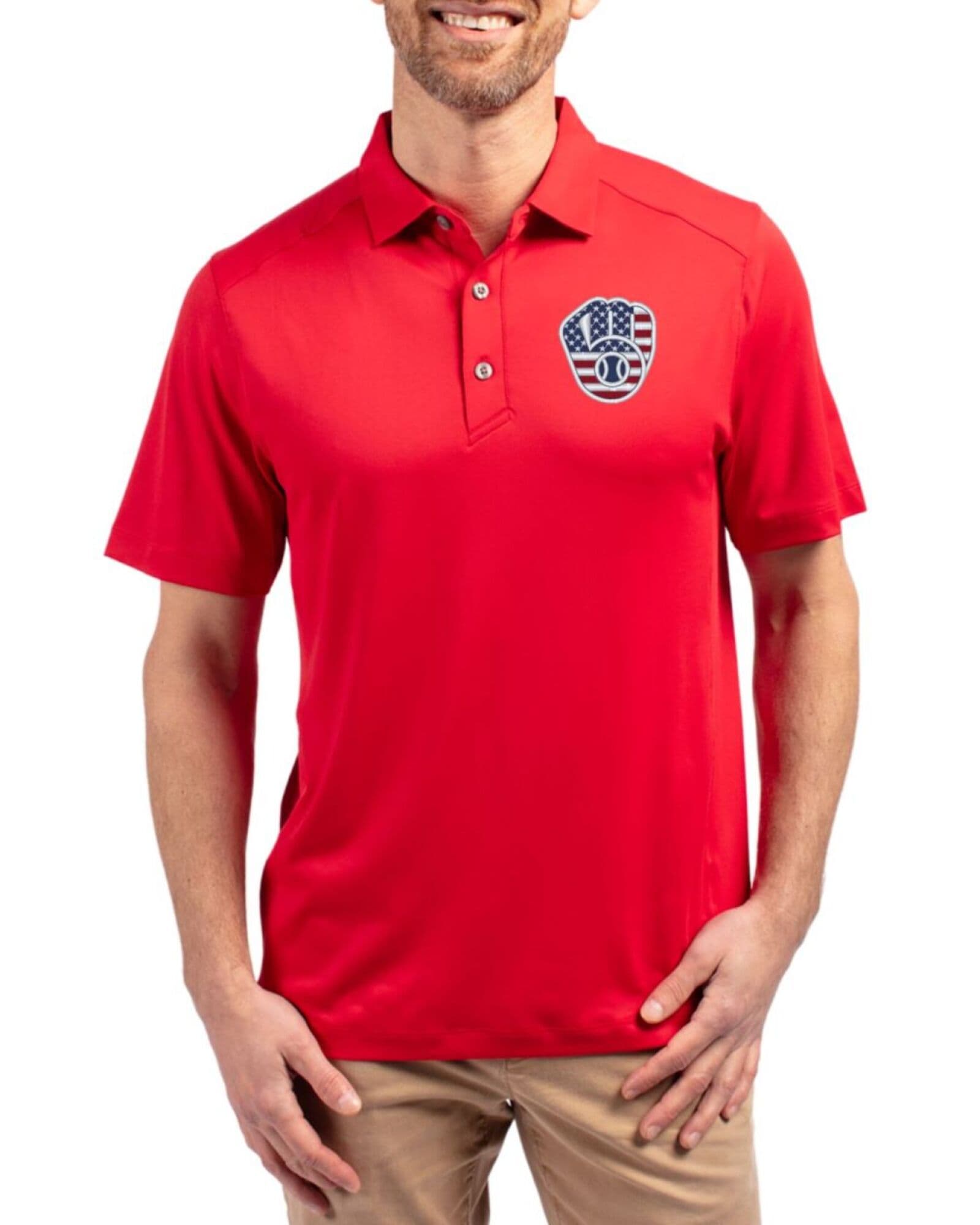 Men's Milwaukee Brewers Cutter & Buck Stars And Stripes Red Forge Four-Way Stretch Polo