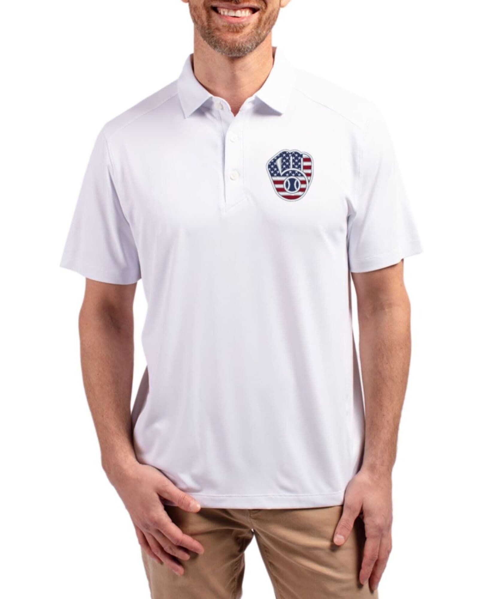 Men's Milwaukee Brewers Cutter & Buck Stars And Stripes White Forge Four-Way Stretch Polo