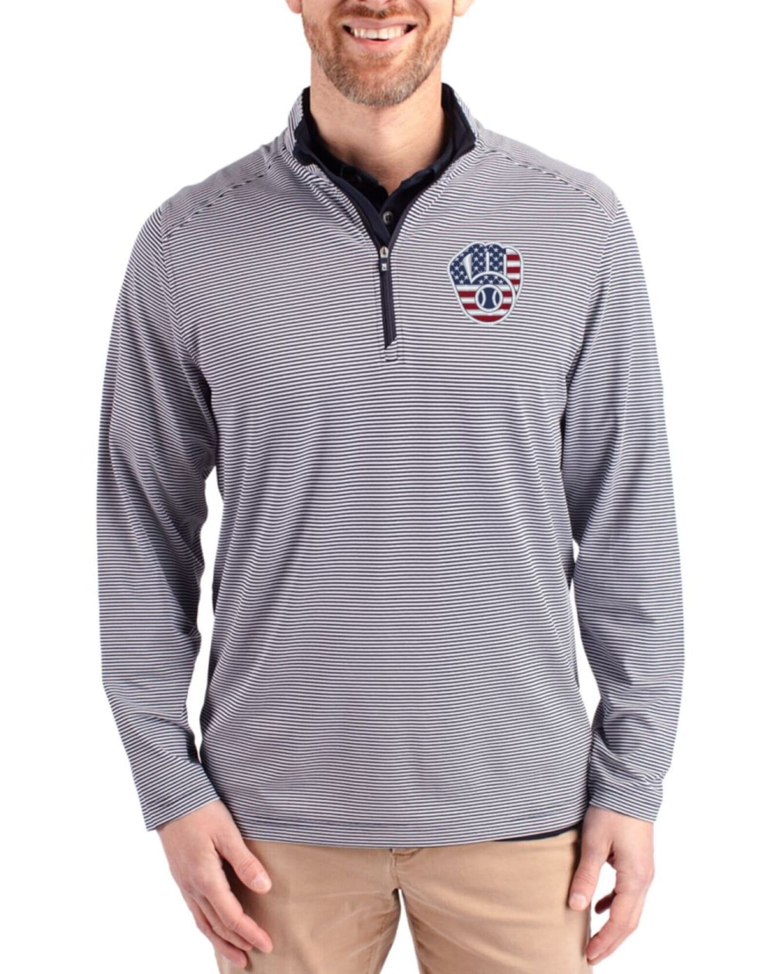 Men's Milwaukee Brewers Cutter & Buck Stars And Stripes Navy Blue/White Virtue Micro Stripe Featherlight Pique Quarter Zip Pullover