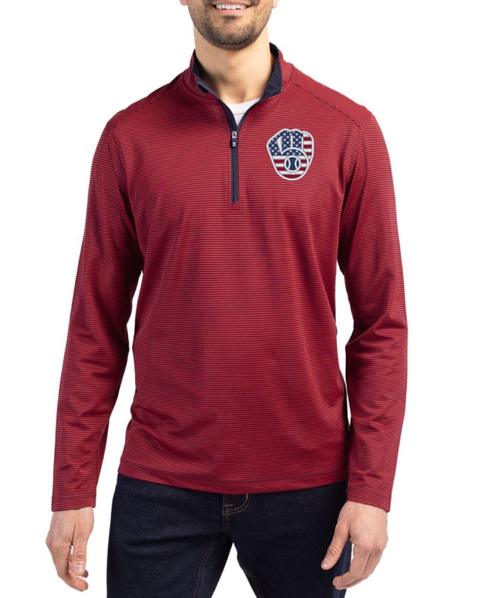 Men's Milwaukee Brewers Cutter & Buck Stars And Stripes Red/Navy Blue Virtue Micro Stripe Featherlight Pique Quarter Zip Pullover