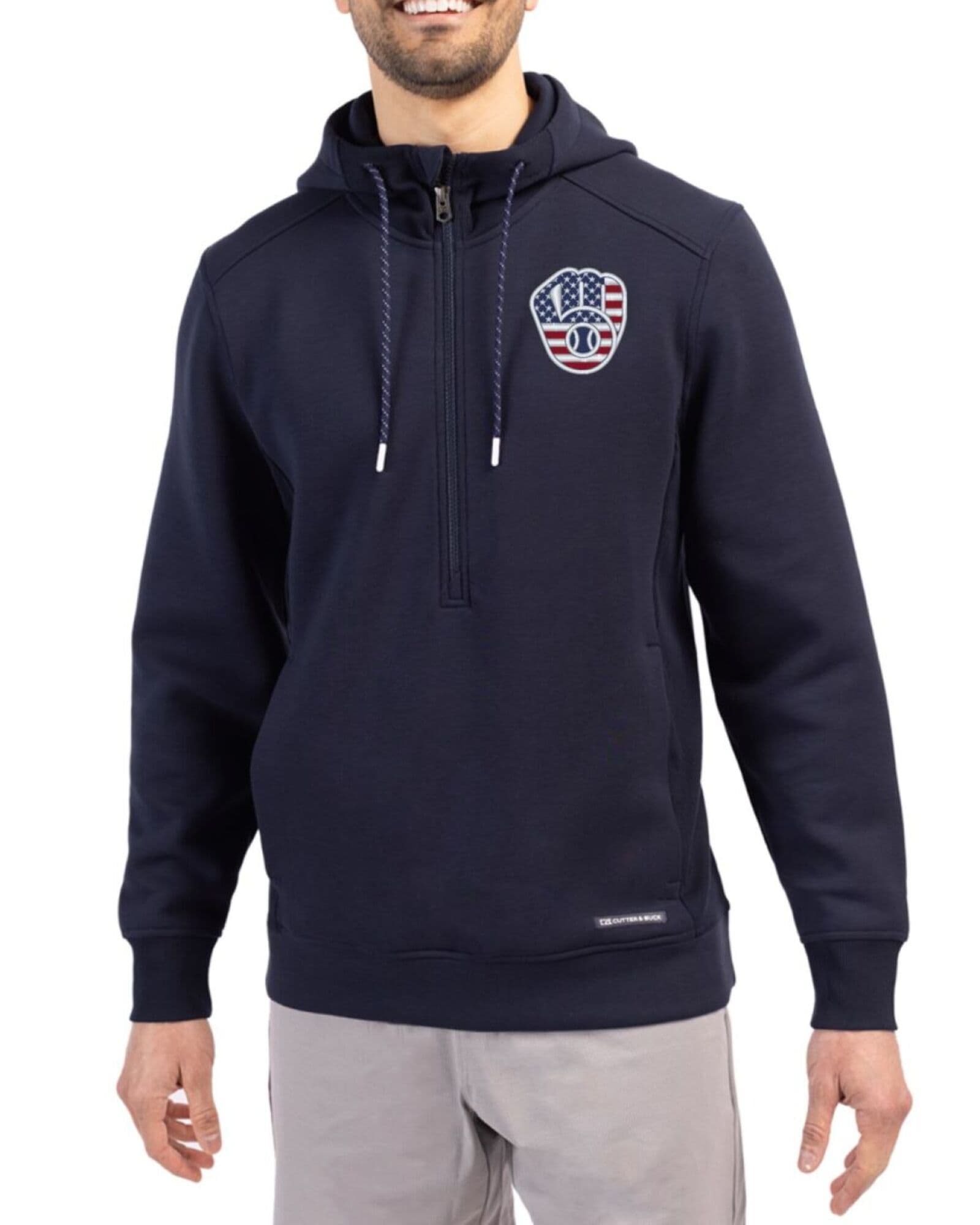 Men's Milwaukee Brewers Cutter & Buck Stars And Stripes Navy Blue Roam Buttery-Soft Knit Half Zip Hooded Pullover